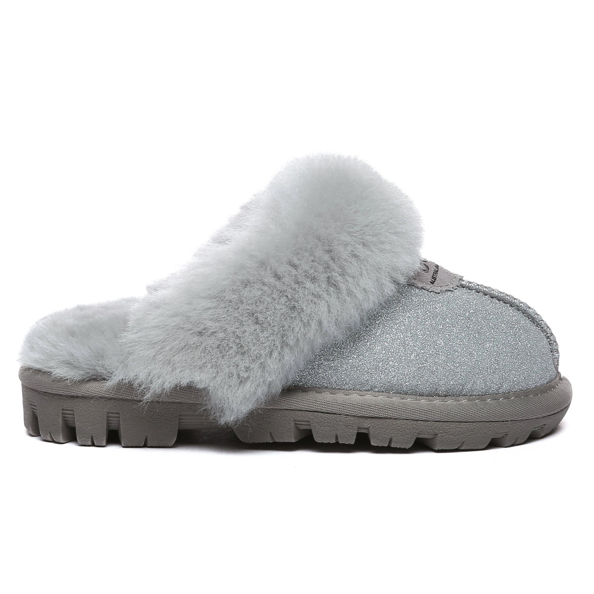 Kids sparkle UGG slipper by EverUgg featuring soft fabric with glittery embellishments and cozy sole for comfortable indoor wear.