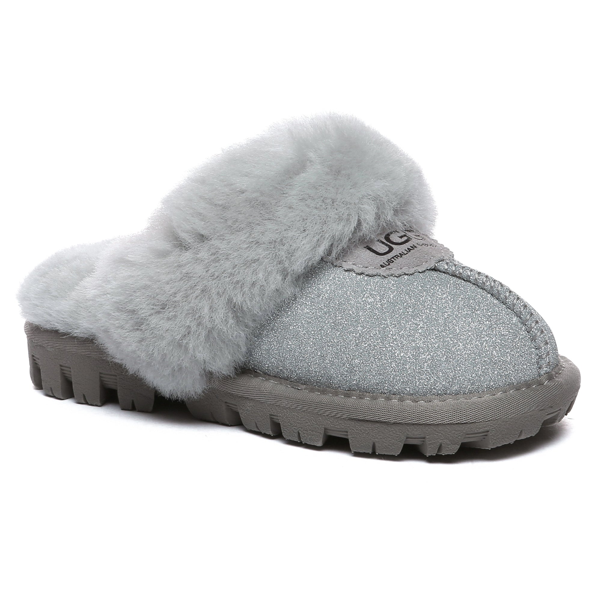 Kids Sparkle UGG slipper from EverUgg with glittery design, soft interior, and cozy sole, perfect for little feet.