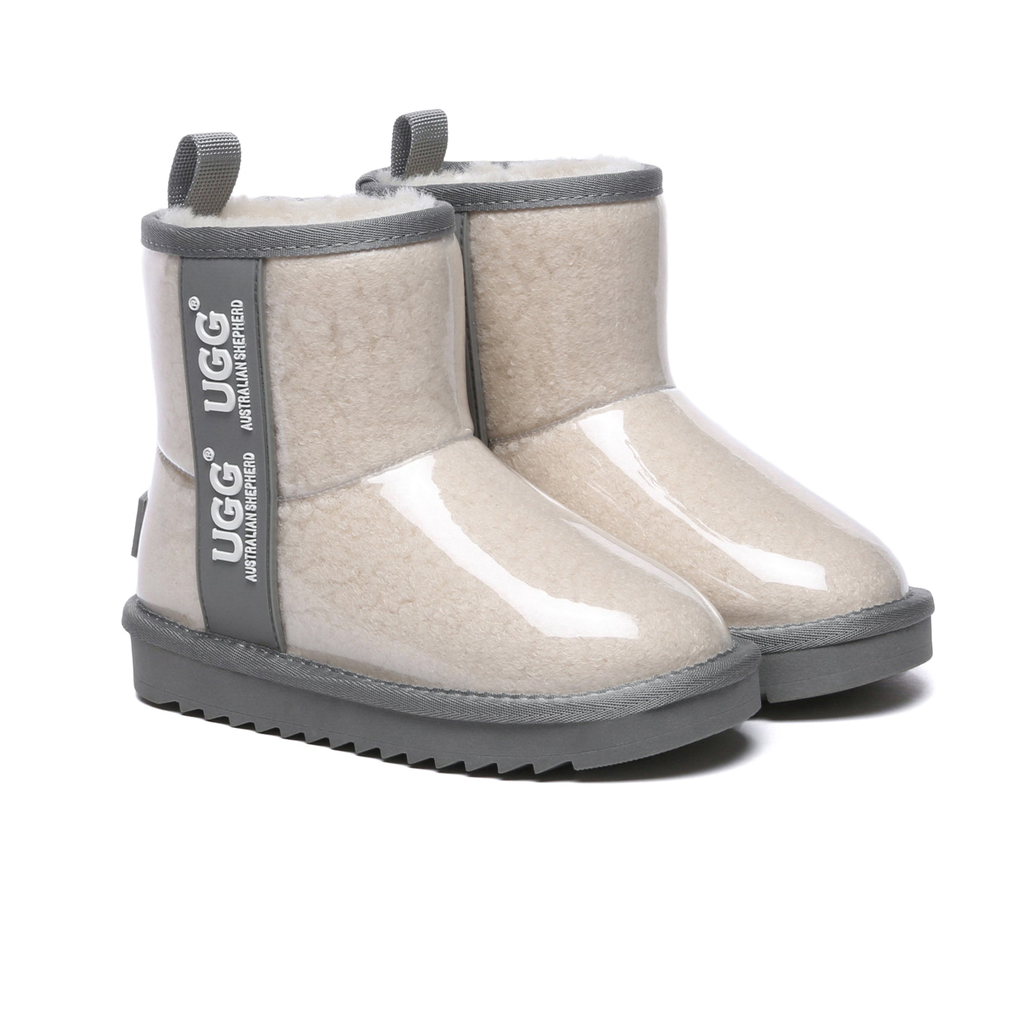 Cream and grey kids waterproof UGG boots by EverUgg, showcasing cozy, insulated footwear designed for outdoor winter wear.