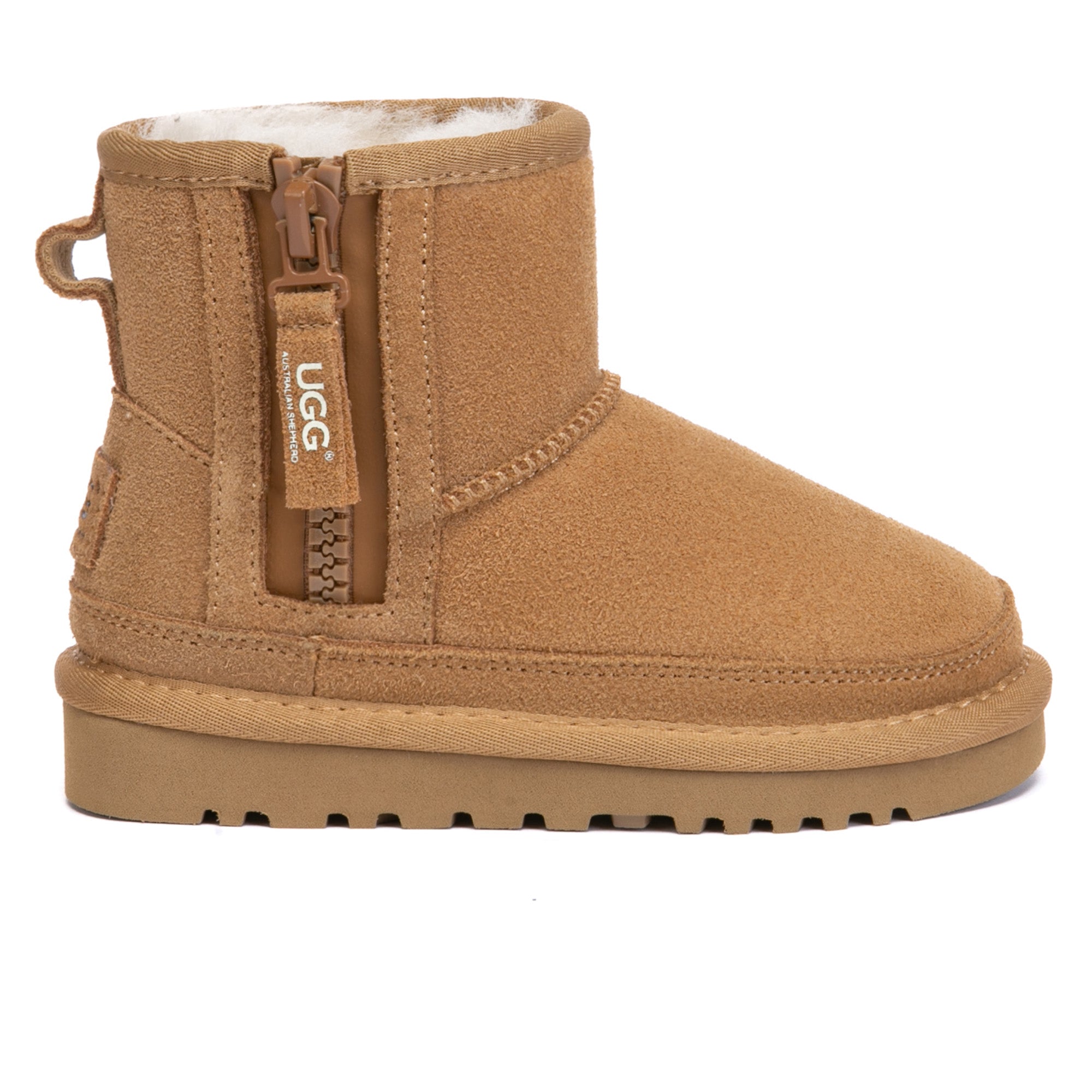 Kids' EverUgg Zip Mini Classic UGG Boots in brown, featuring cozy sheepskin lining and a functional zipper for easy wear.