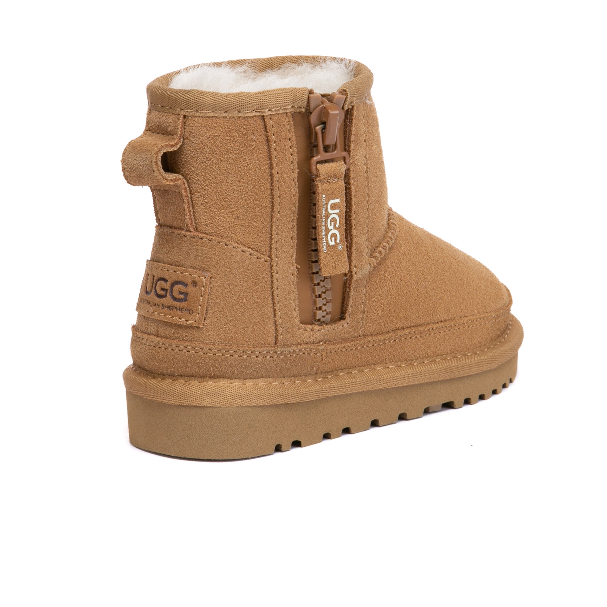 Kids UGG boots by EverUgg featuring zip closure and classic design, shown in soft, cozy material with a sturdy sole.