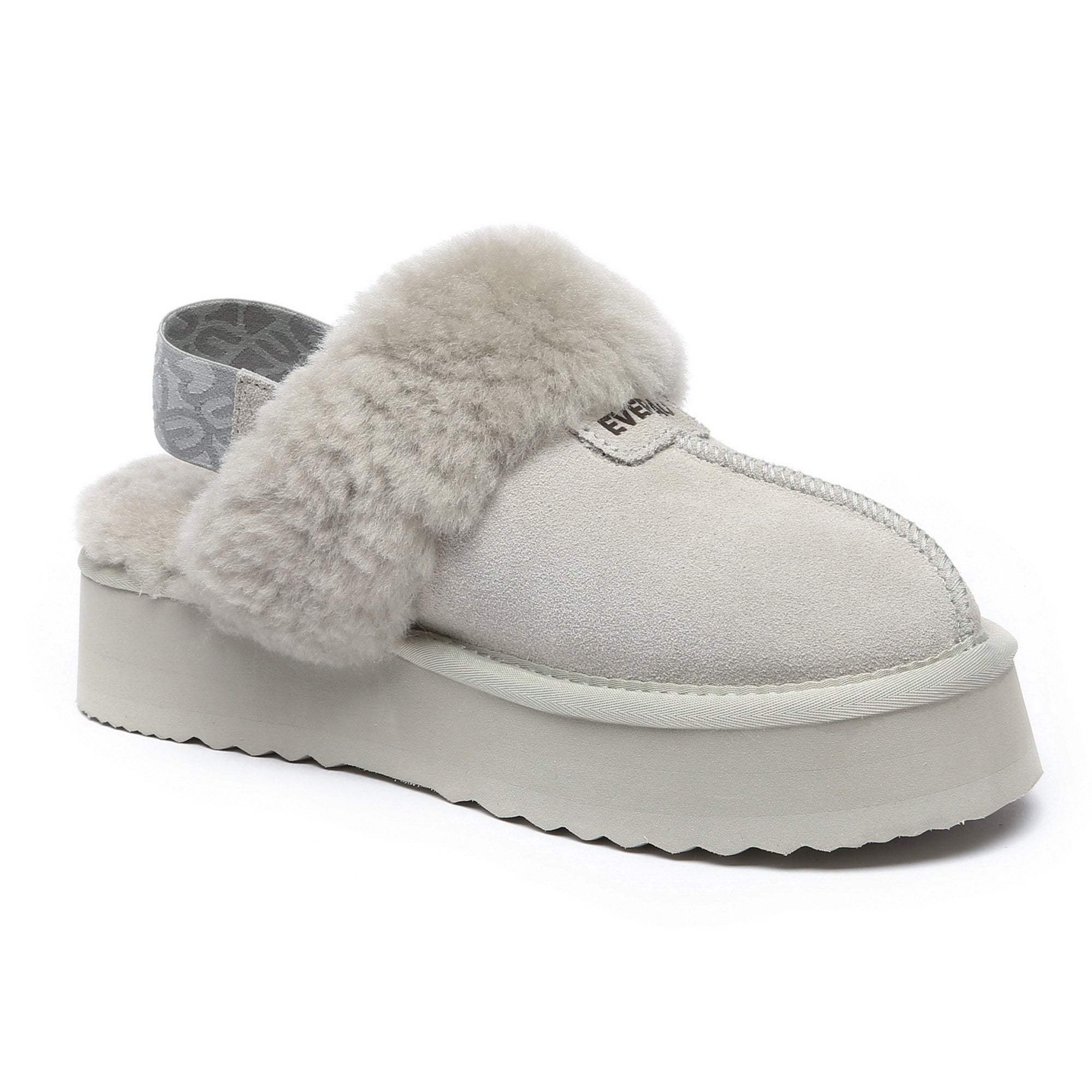 EverUgg Kirra Platform UGG slippers in goat grey with a thick platform sole, cozy shearling lining, and slip-on design.