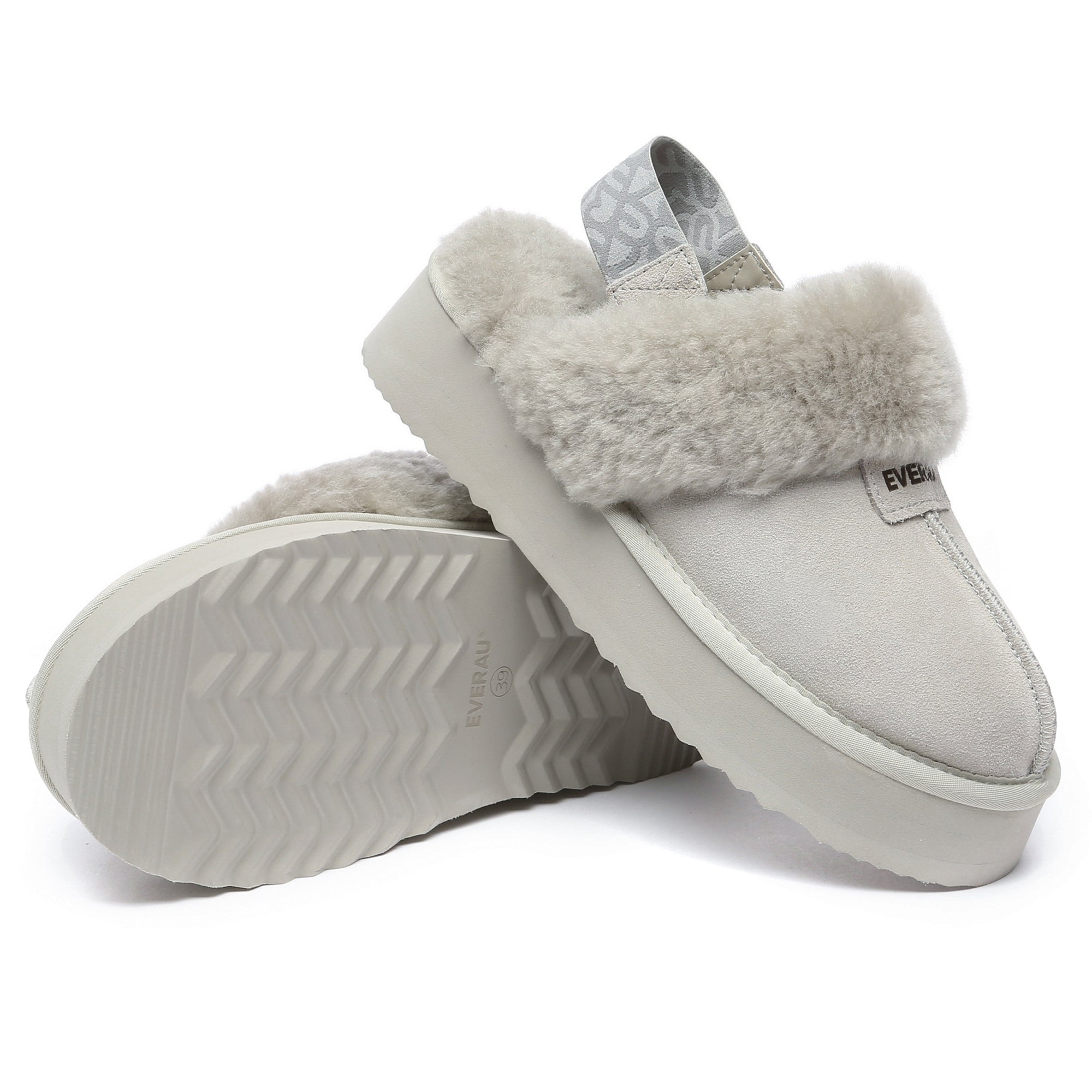 EverUgg Kirra Platform slippers in goat grey with chunky sole, cozy fabric upper, and casual slip-on style.