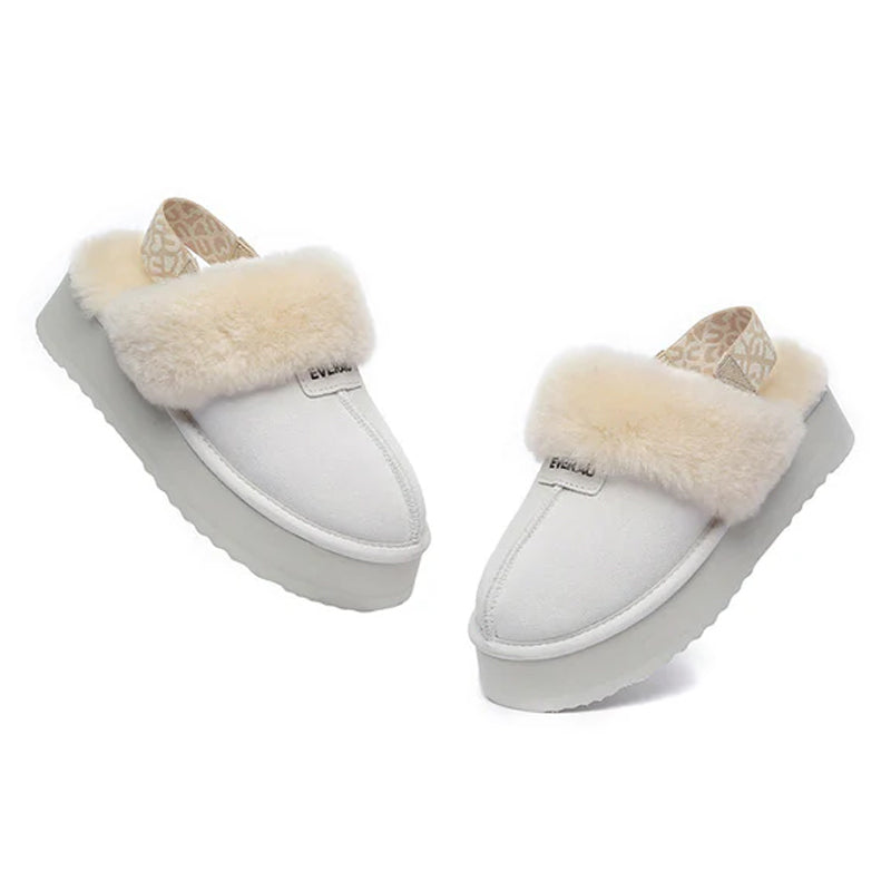 White Kirra platform UGG slippers by EverUgg featuring a cozy, plush interior and a stylish elevated sole for comfortable wear.