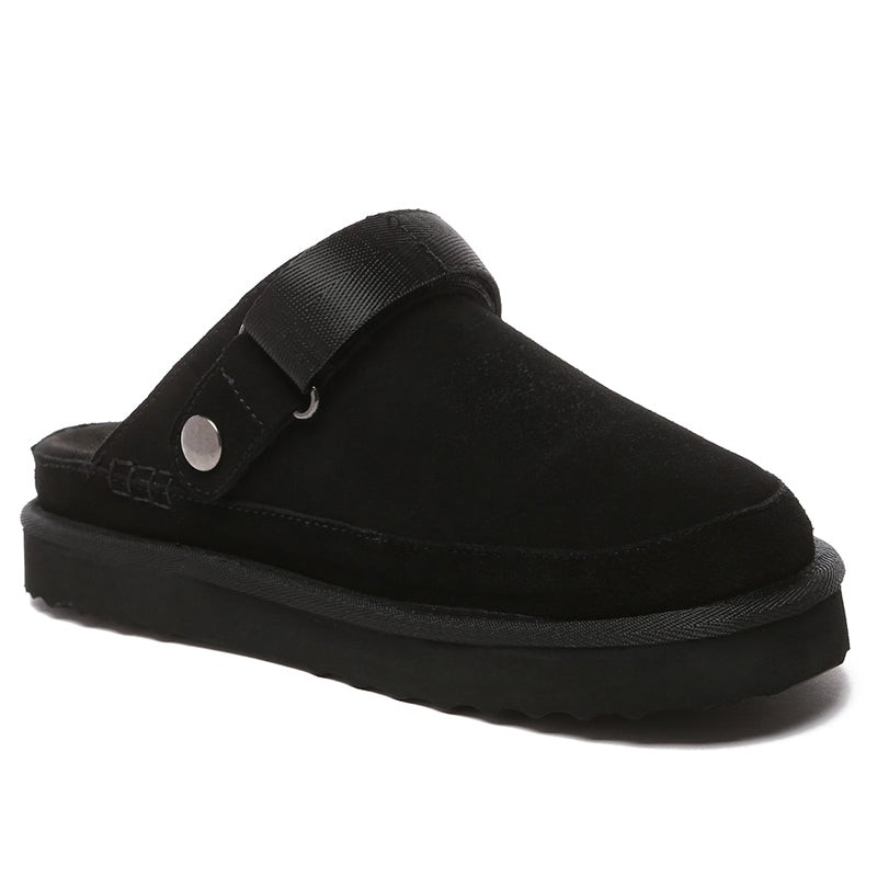 Black Kylee UGG slippers by EverUgg featuring soft plush interior and durable rubber soles for cozy comfort.