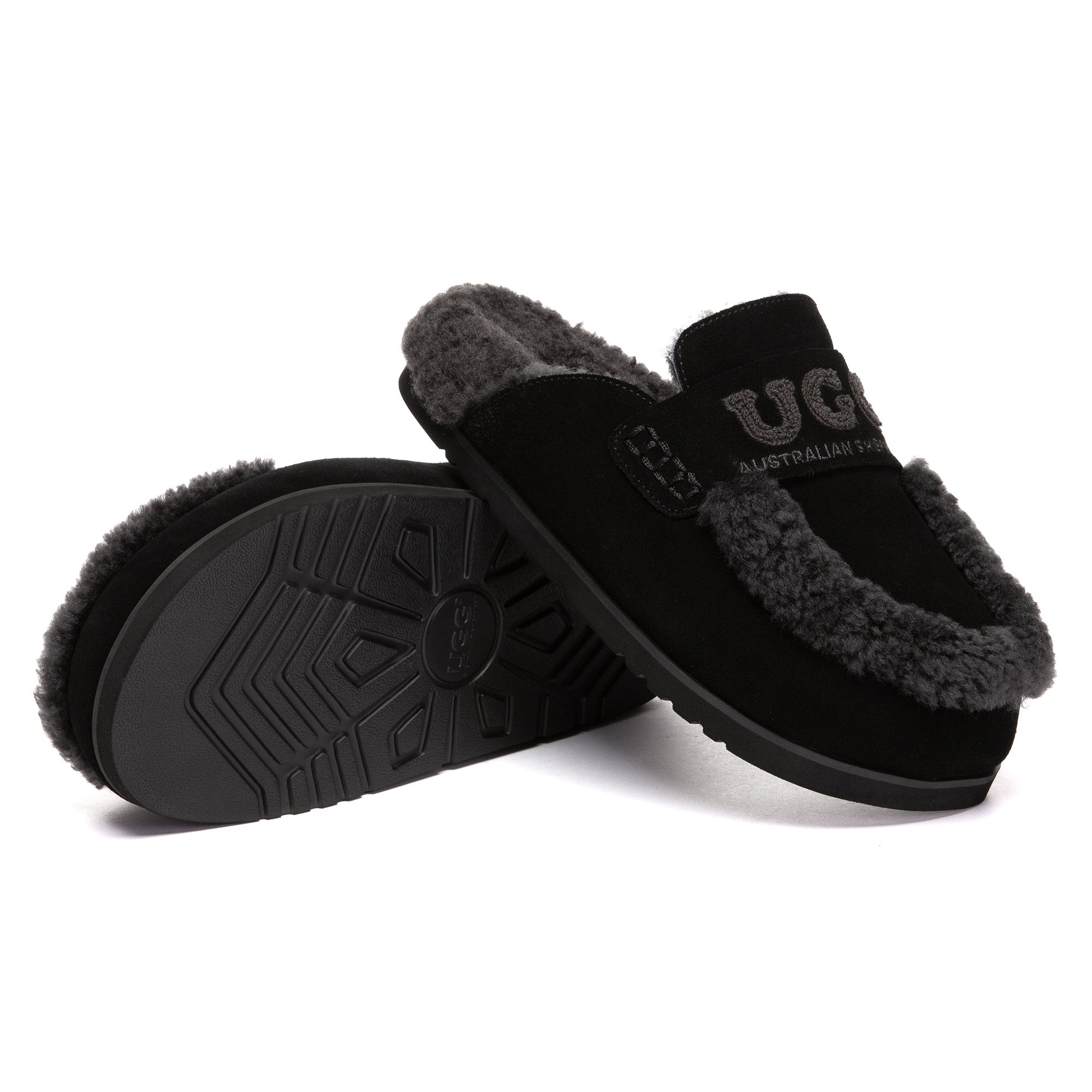 EverUgg Laura shearling logo slippers with plush interior and suede exterior, designed for cozy comfort.