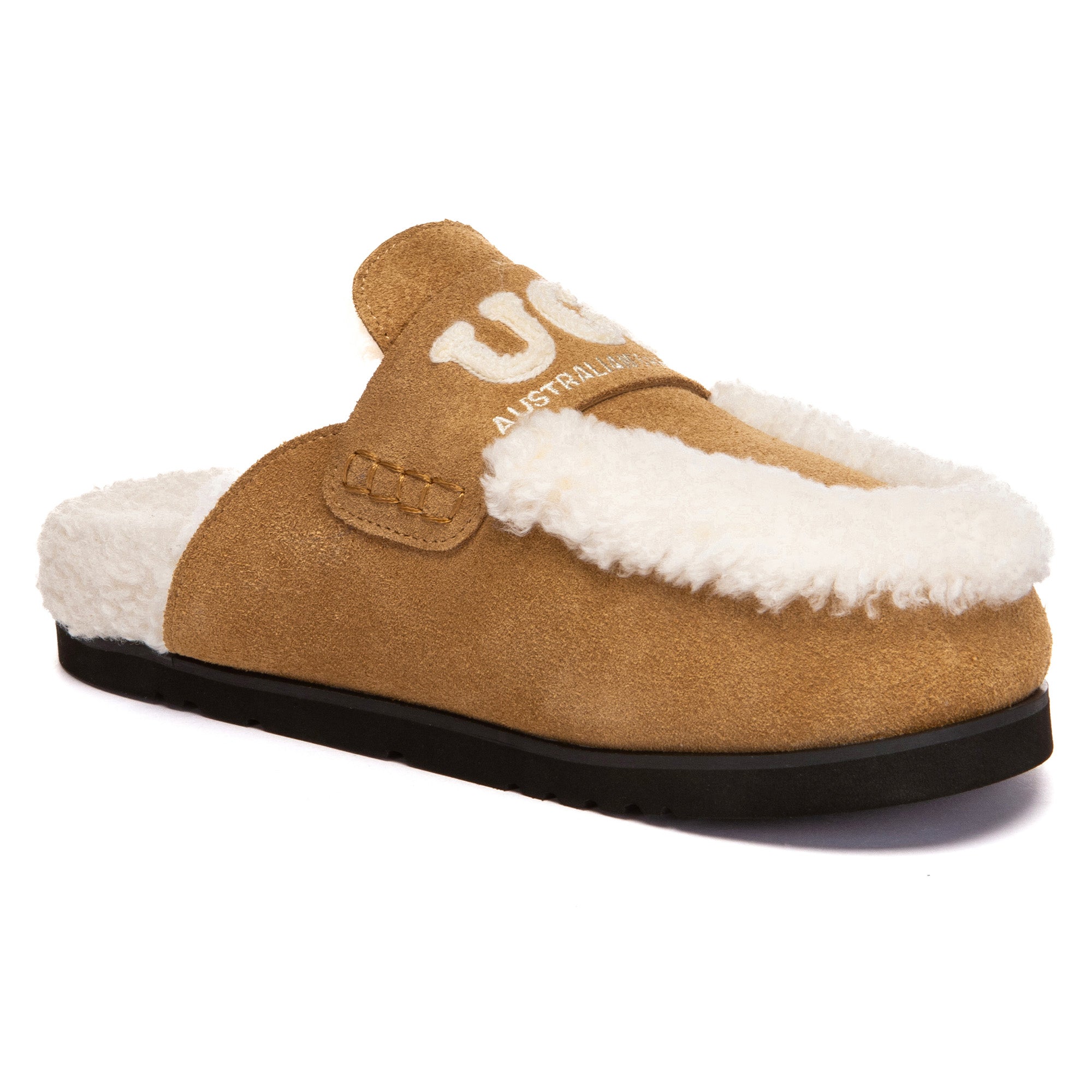 EverUgg Laura Shearling Logo slippers with plush shearling lining and UGG branding, designed for cozy indoor comfort.