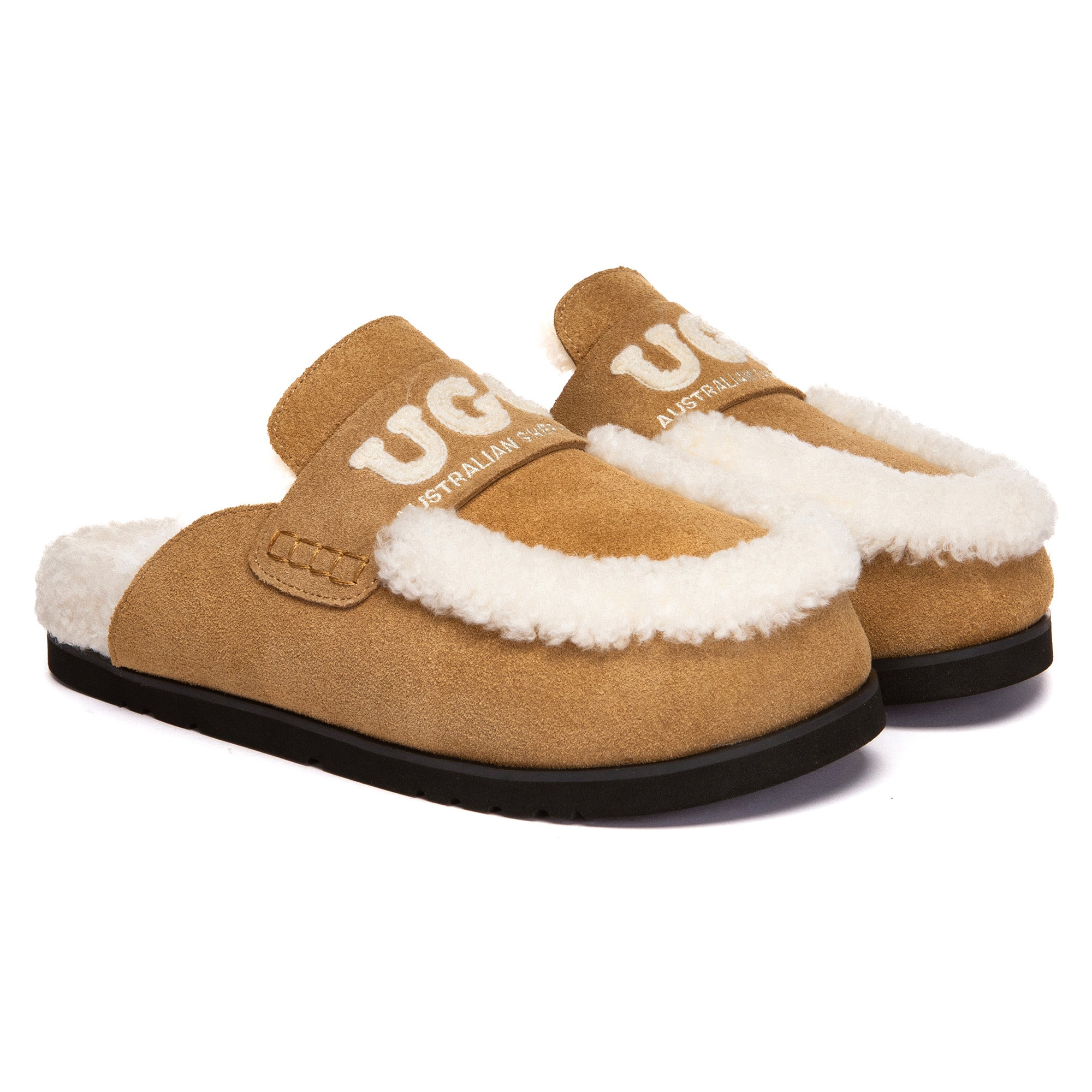 EverUgg Laura Shearling Logo slippers featuring plush shearling lining and UGG branding, ideal for cozy indoor wear.