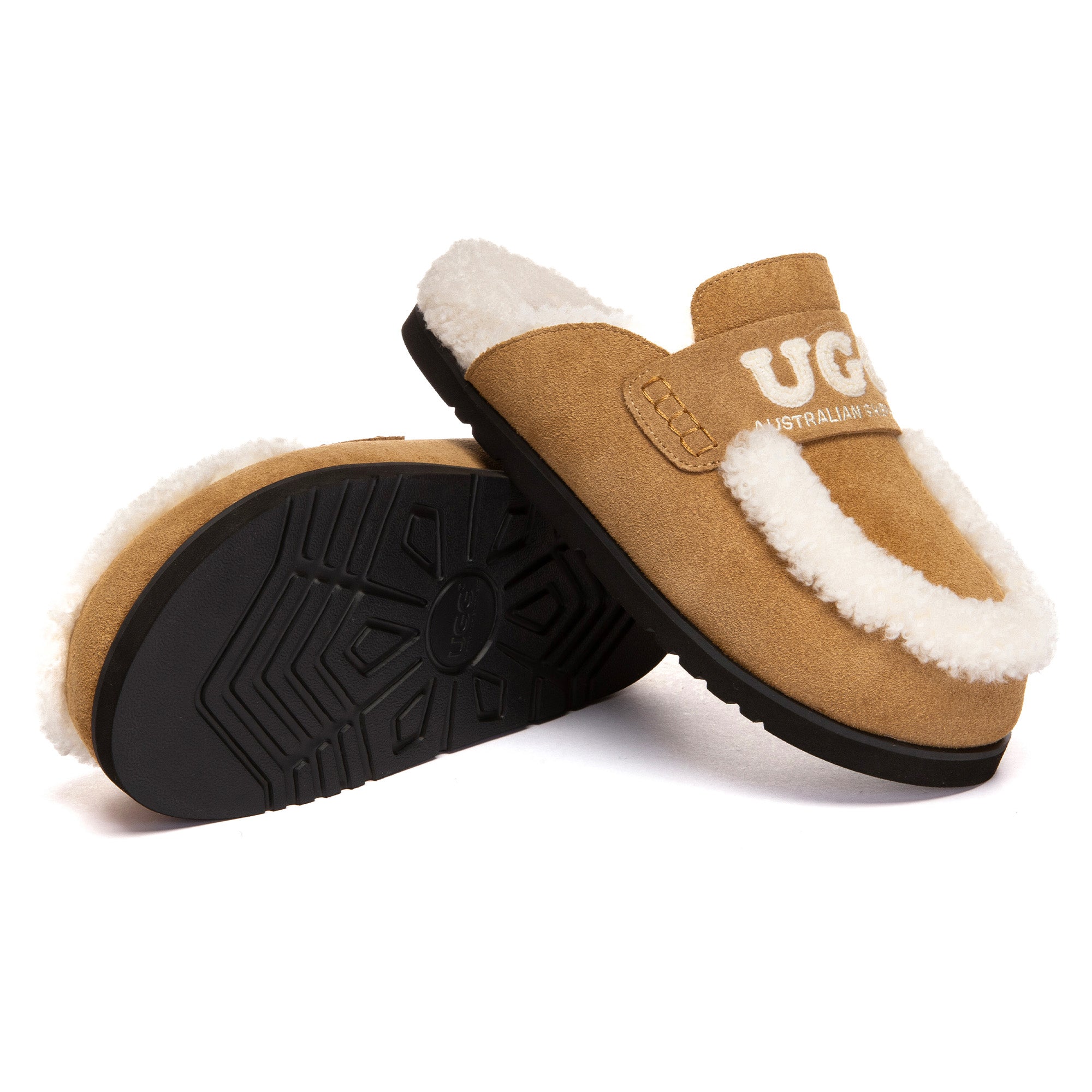 EverUgg Laura shearling logo slippers with soft, plush interior and cozy slip-on design, featuring the brand’s logo on the upper.