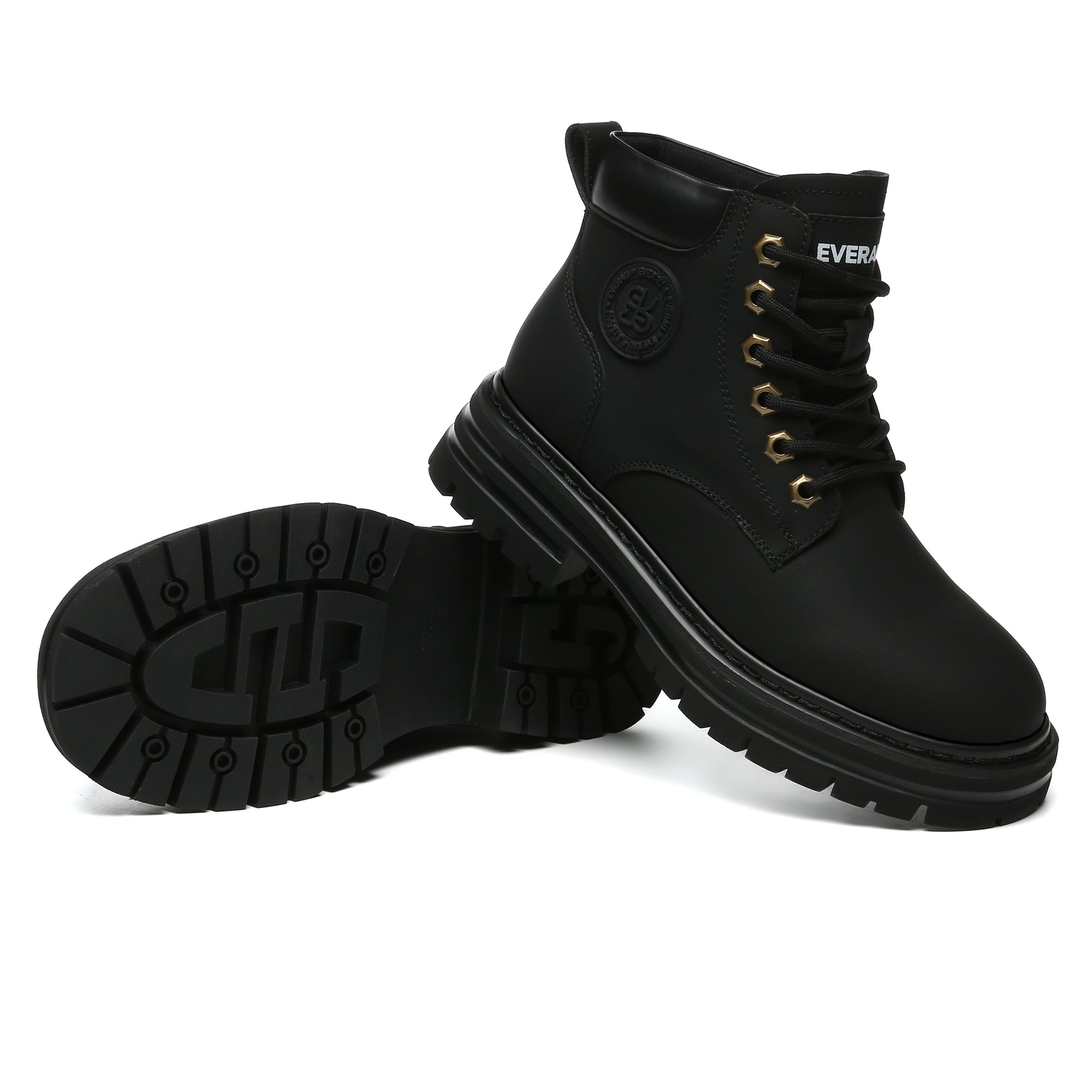 Black leather high top Timber boots for women by EverUgg, featuring sturdy soles and stylish design.