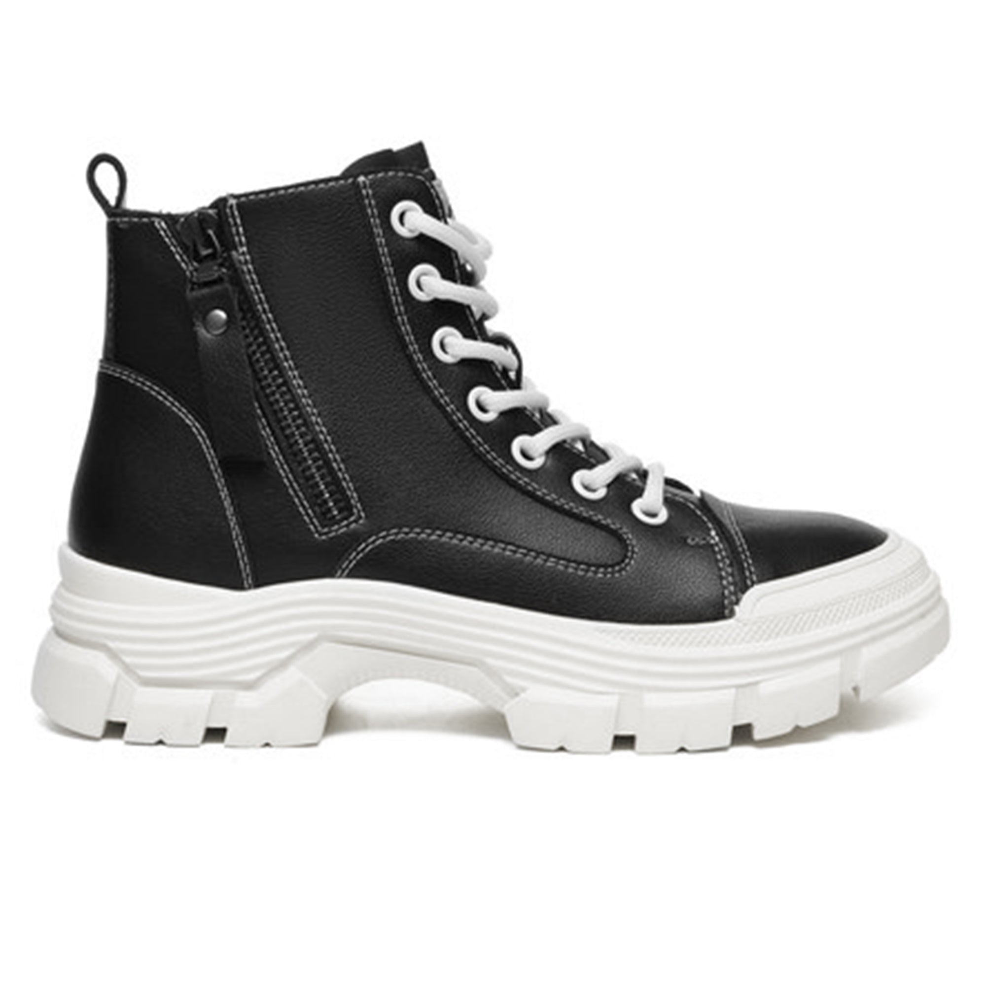 EverUgg leather lace-up chunky boots with zipper detail, stylish women's sneakers featuring a rugged sole and modern design.