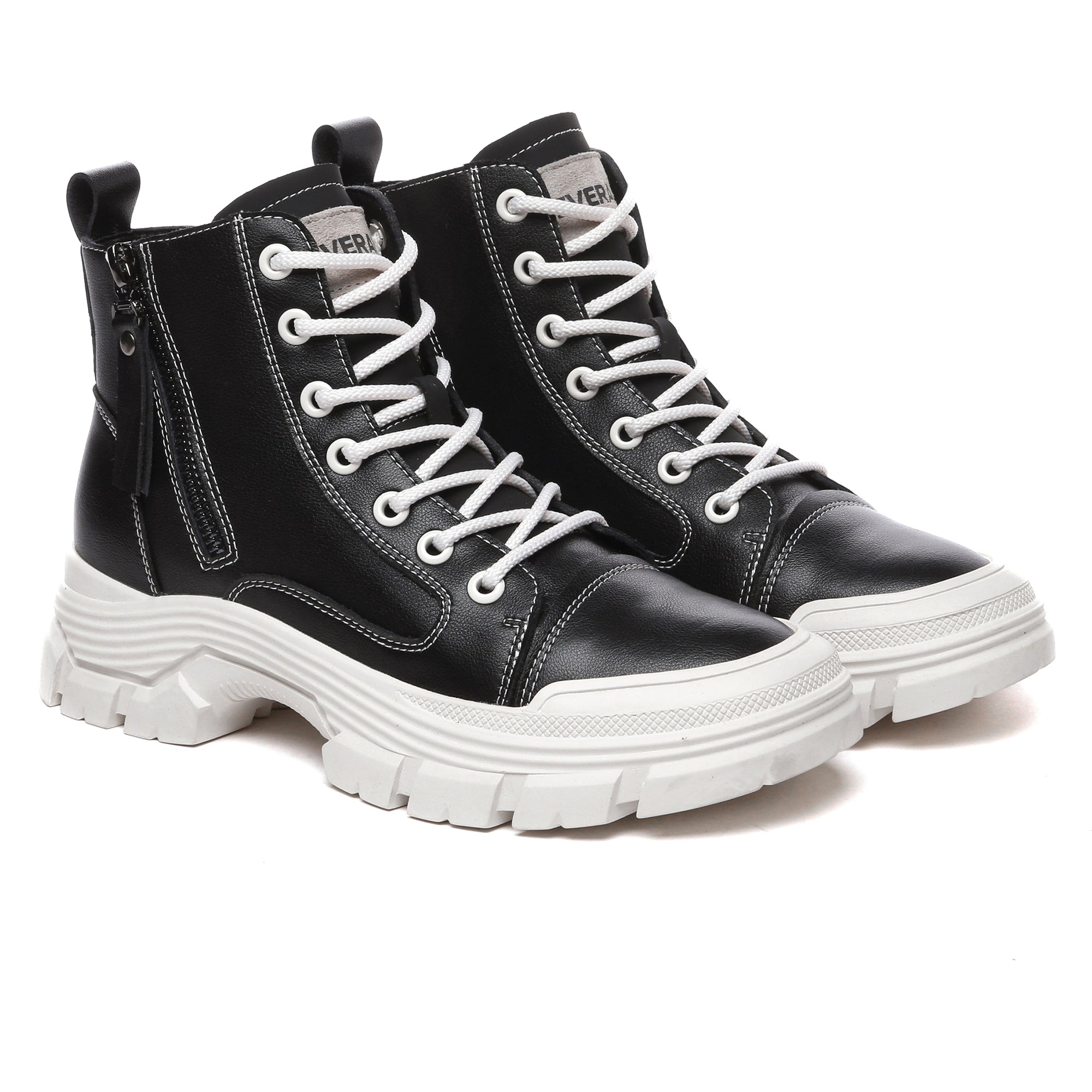 EverUgg leather lace-up chunky boots with zipper detail for women, stylish sneakers with a rugged, chunky sole.