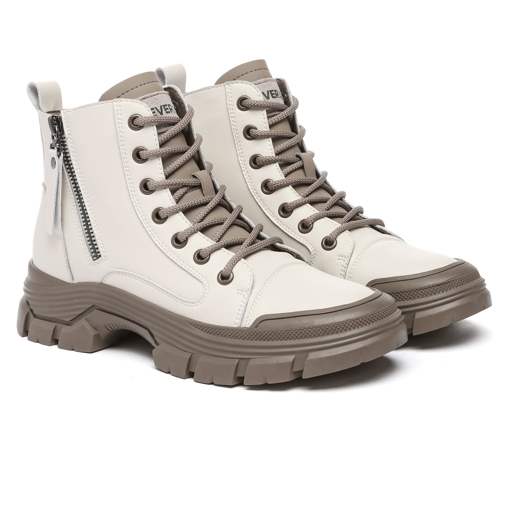 Women’s leather lace-up chunky boots with zipper detail from EverUgg, featuring a rugged sole and stylish design.