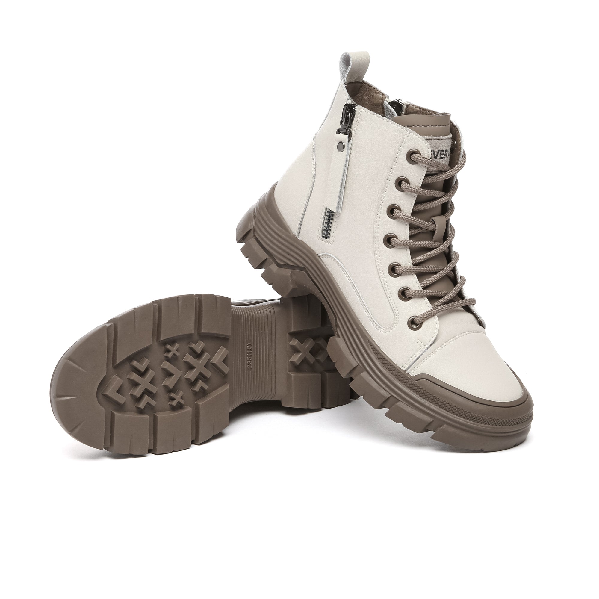 EverUgg leather lace-up chunky boots with zipper detail, featuring a rugged sole and stylish design for women’s sneakers.