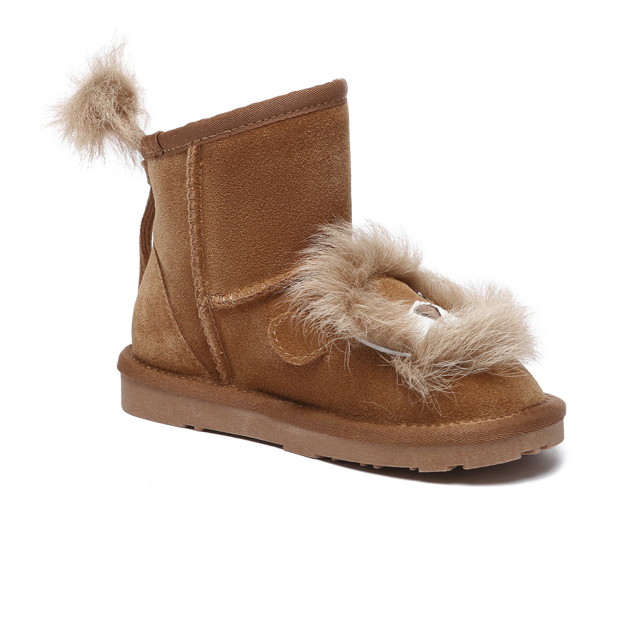 EverUgg Lion Kids UGG Boots in brown with plush lining, featuring lion face applique and durable rubber sole for kids' comfort.