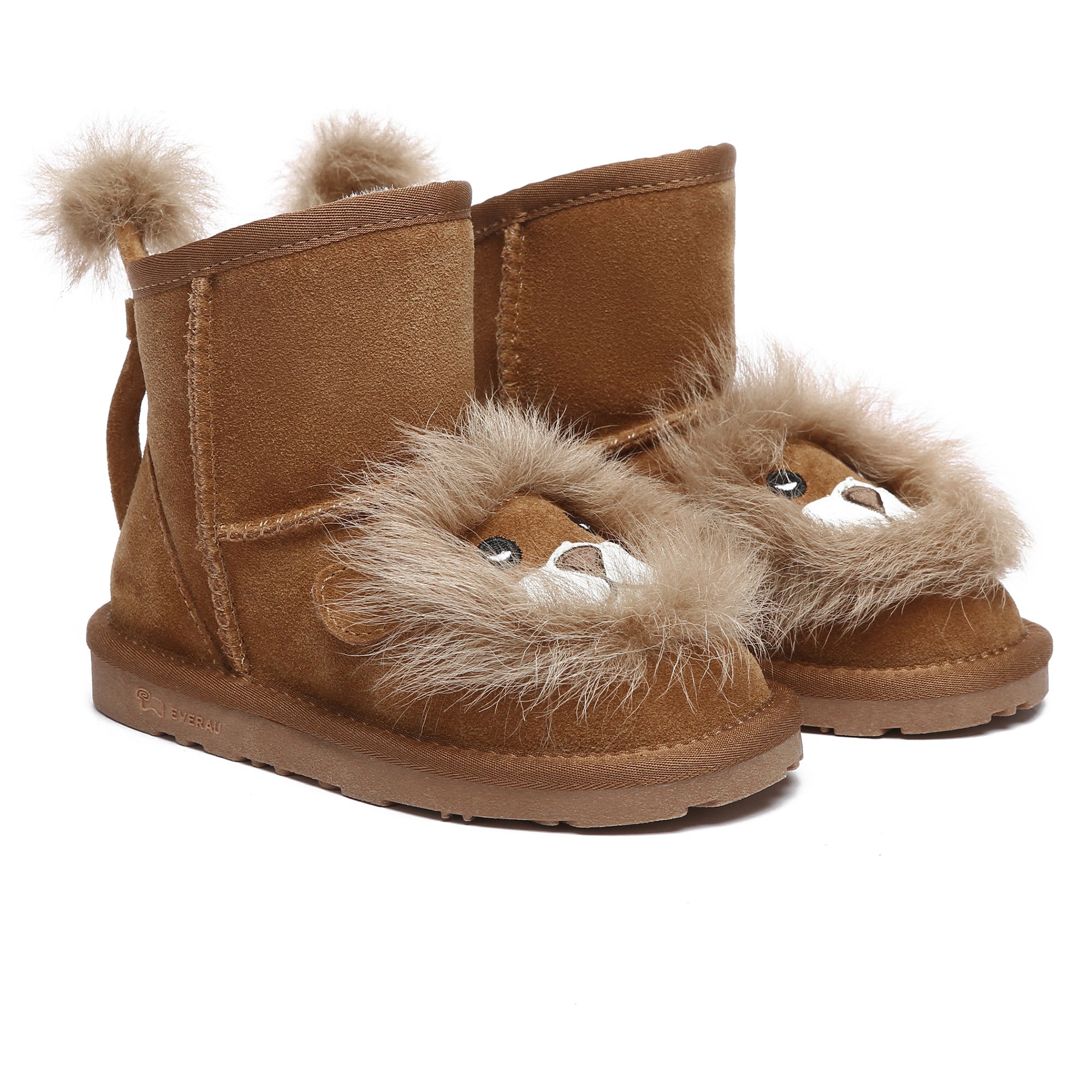 Young child wearing tan Lion Kids UGG Boots by EverUgg, cozy shearling lining visible on the toddler footwear.
