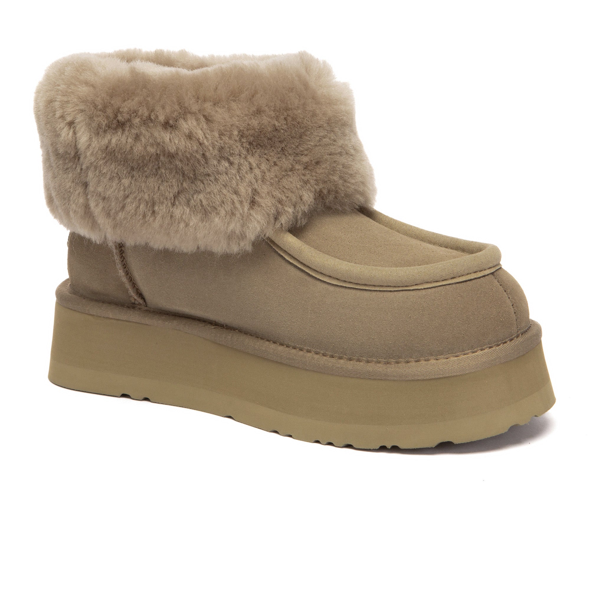 EverUgg Luffy ankle platform UGG slippers showing tan suede UGG boots with chunky soles and ankle height design.
