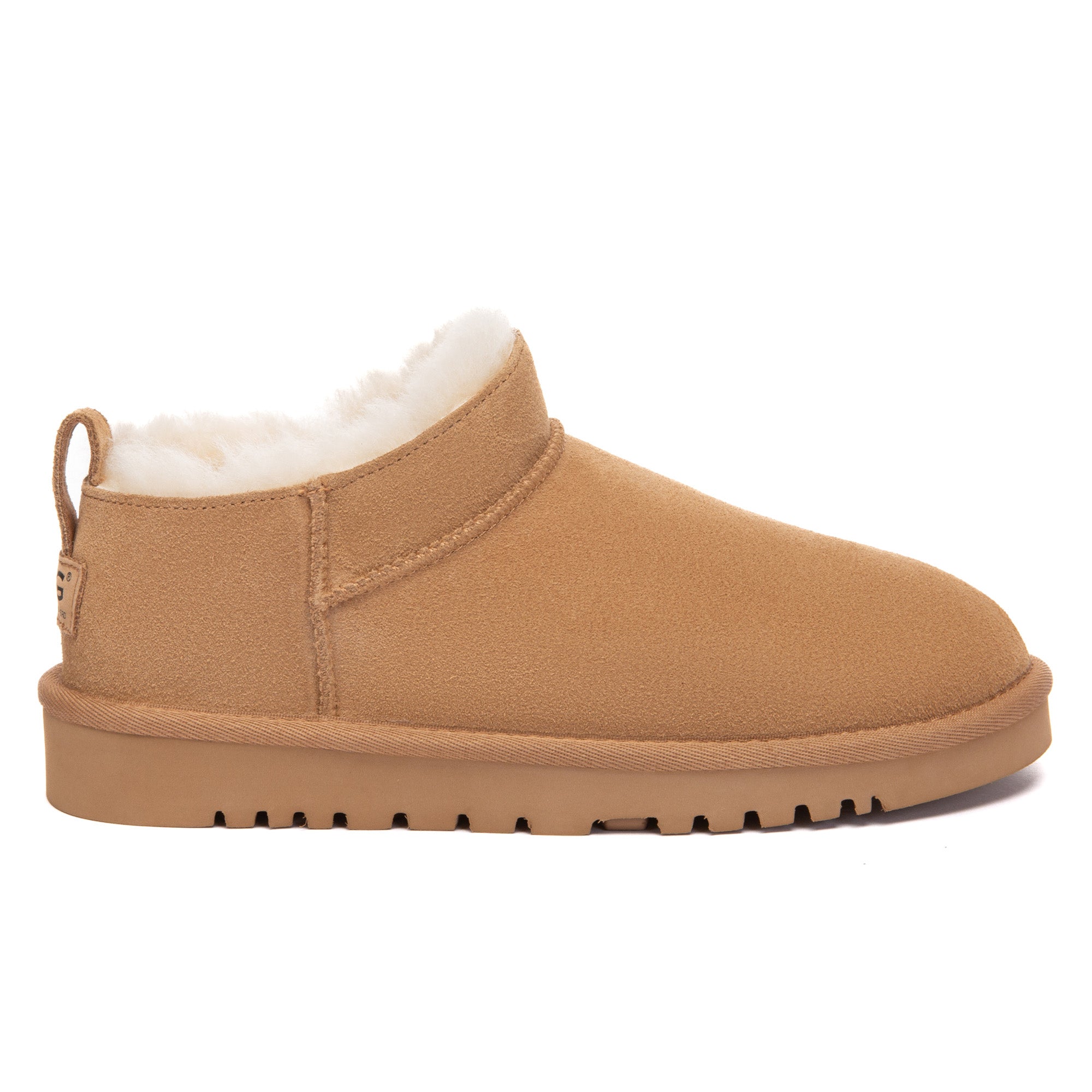 EverUgg Lune Nano Ankle Classic UGG Boots in neutral color, showcasing soft suede exterior and cozy sheepskin lining.