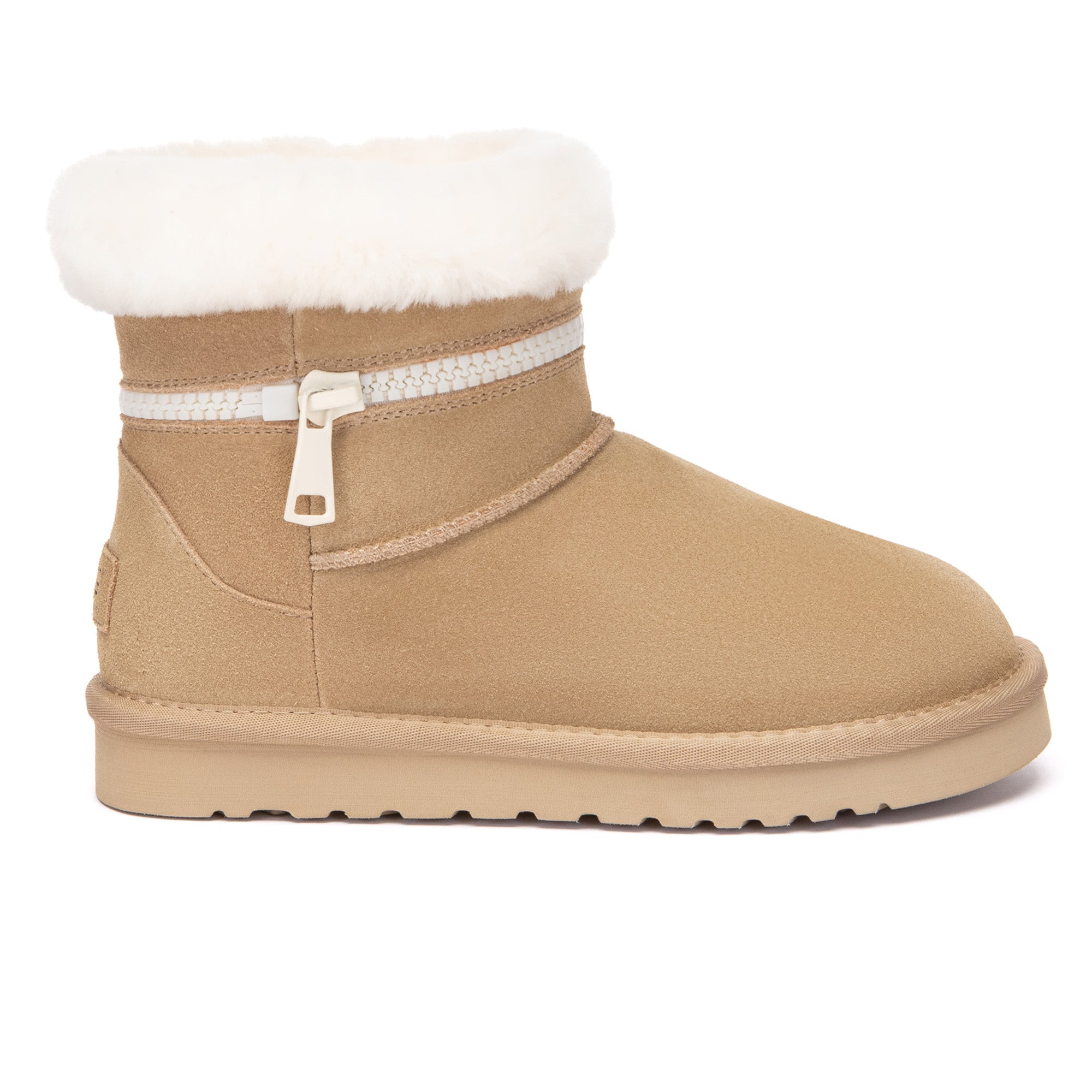 EverUgg Lynn Zip Mini Ankle UGG boots for women, showcasing black leather shoes with side zipper and cozy fur lining.