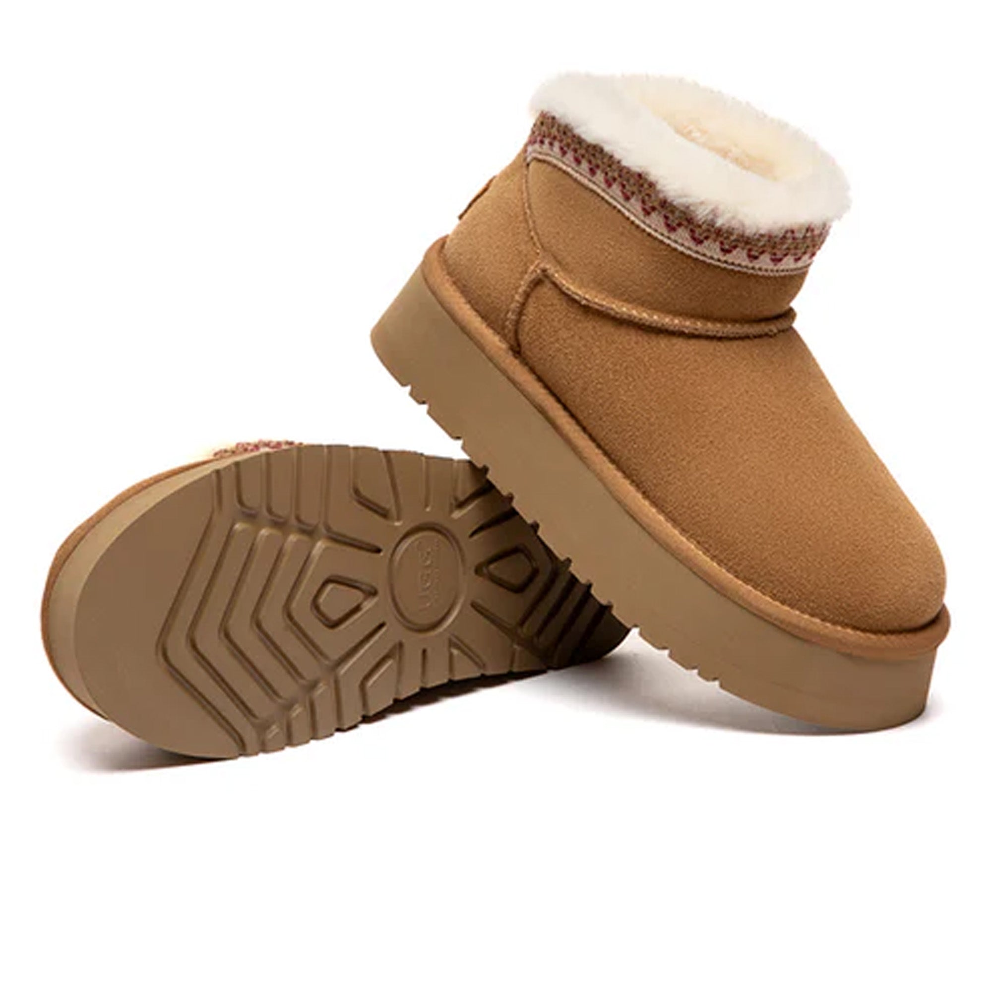 EverUgg Lyora Stitch Mini Platform Boots showing beige suede UGG boots with stitched detailing and chunky platform soles.
