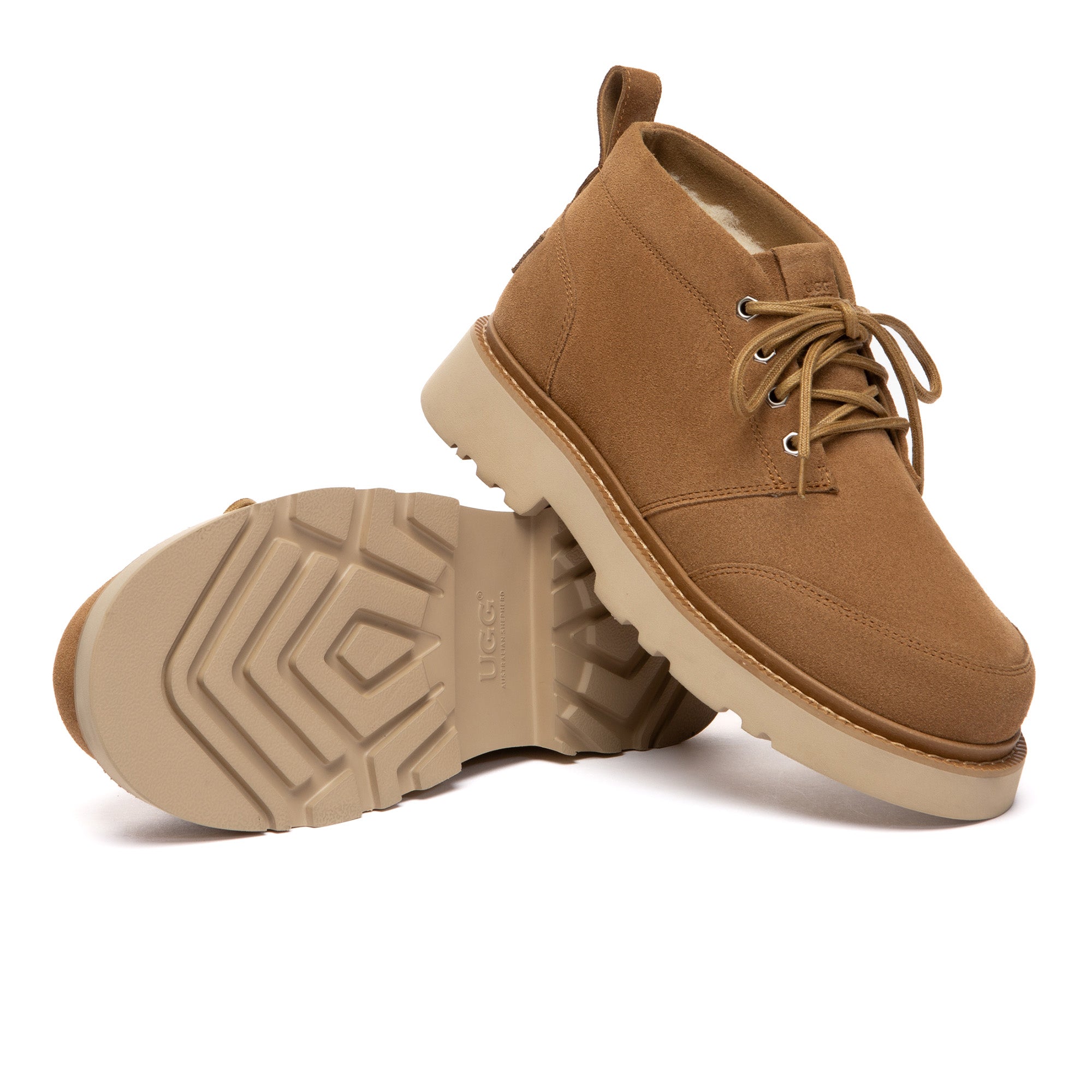 Men's casual lace-up ankle UGG chukka boots by EverUgg with leather upper and rugged rubber sole.