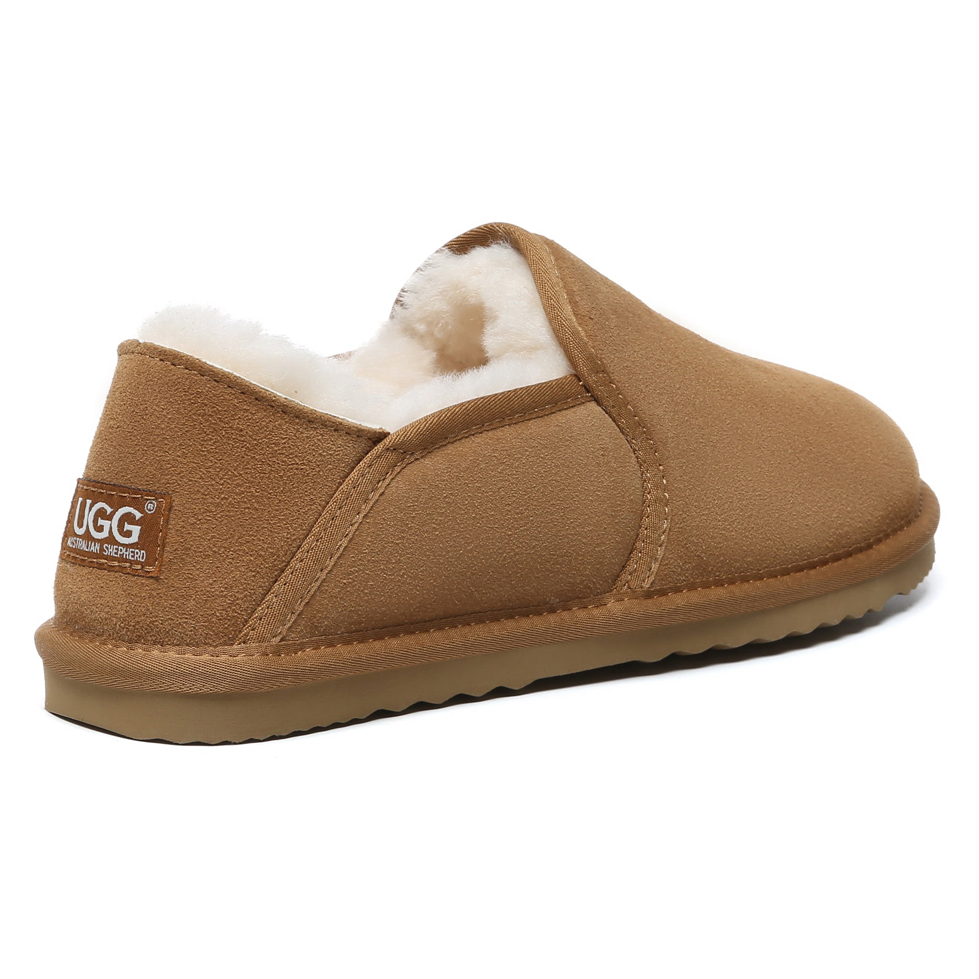 Men's EverUgg ankle sheepskin loafers with soft plush lining and tan leather exterior, casual slip-on slippers for men.