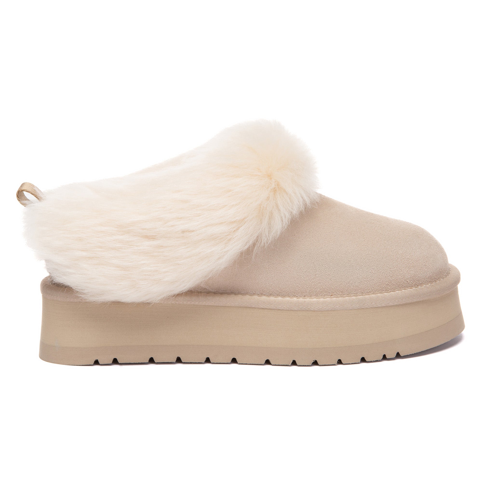 EverUgg Mia Plush Platform Slippers with soft fur lining and thick soles, designed for cozy indoor wear.