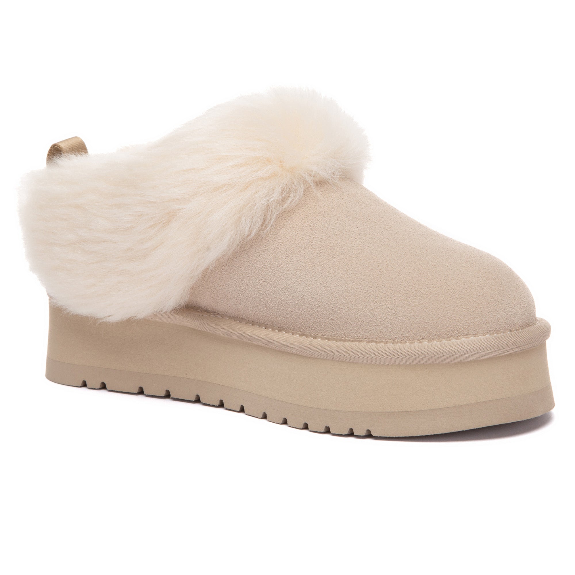 EverUgg Mia Plush Platform UGG Slippers with soft, cushioned plush upper and thick platform sole for cozy comfort.