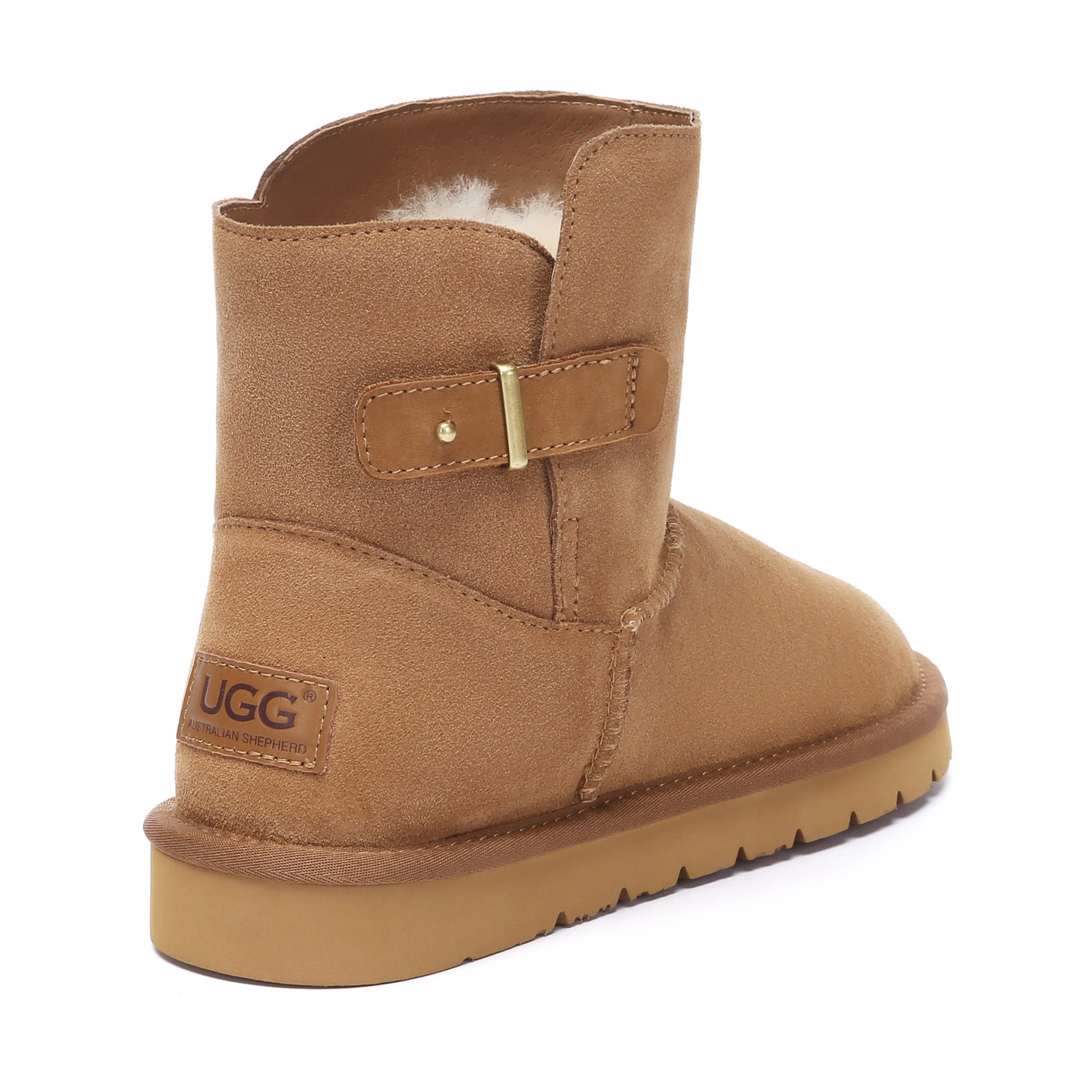EverUgg Mid-Calf Buckle Mini Classic UGG Boots with buckle accents, plush sheepskin lining, and suede exterior.