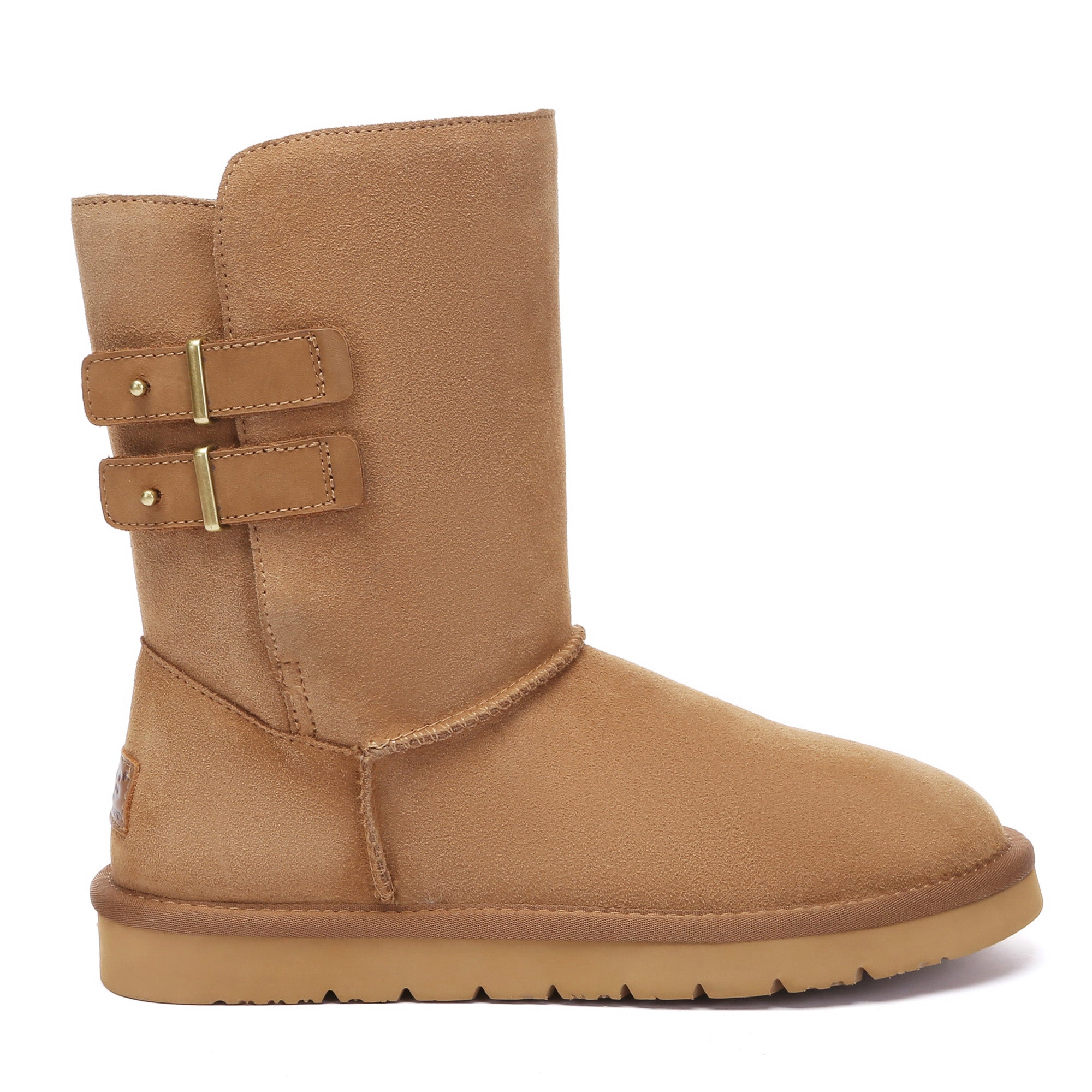 EverUgg Mid-Calf Buckle Short Classic UGG Boots with buckle detailing and suede finish on a neutral background.