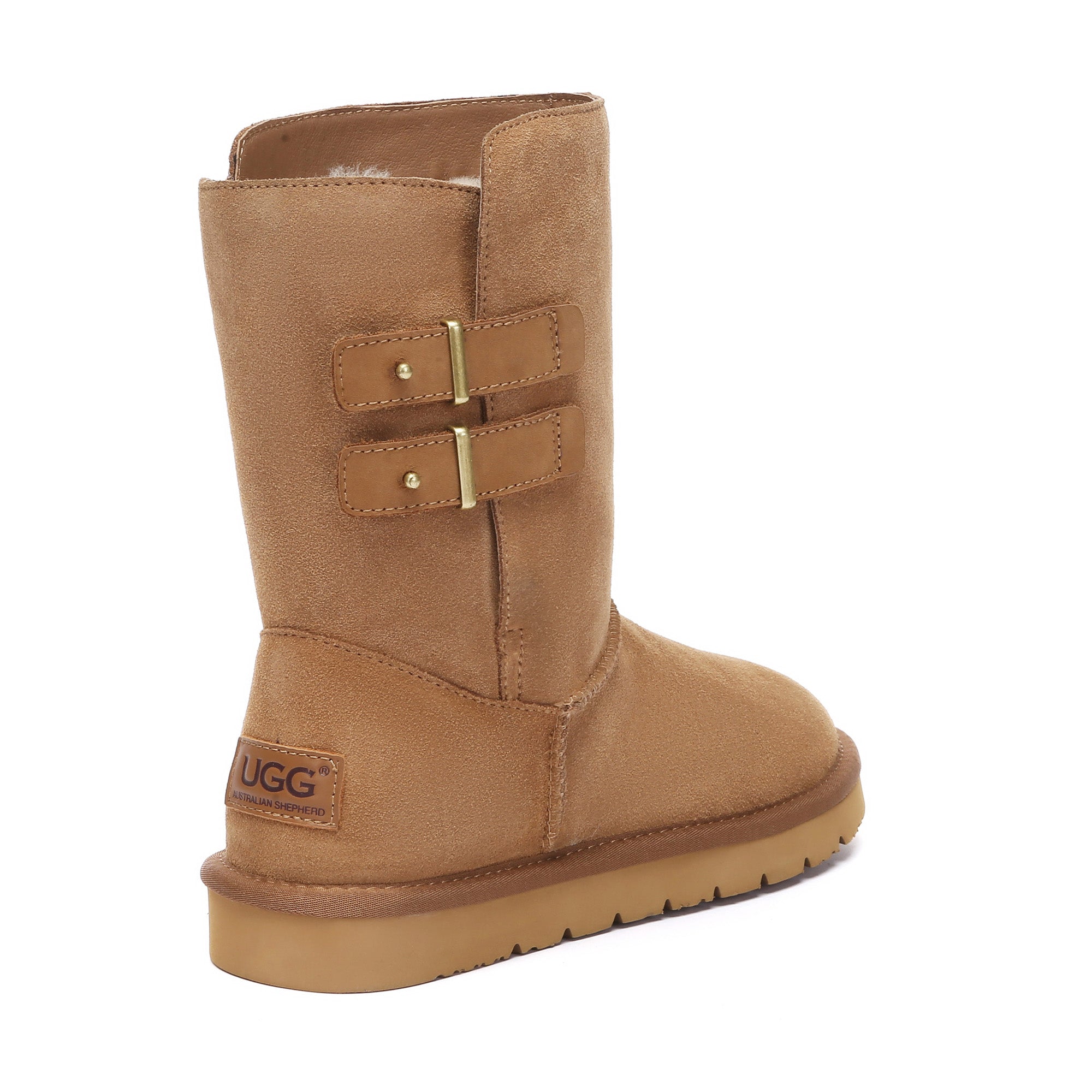 EverUgg Mid-Calf Buckle Short Classic UGG Boots in tan leather with buckle accents and cozy sheepskin lining.
