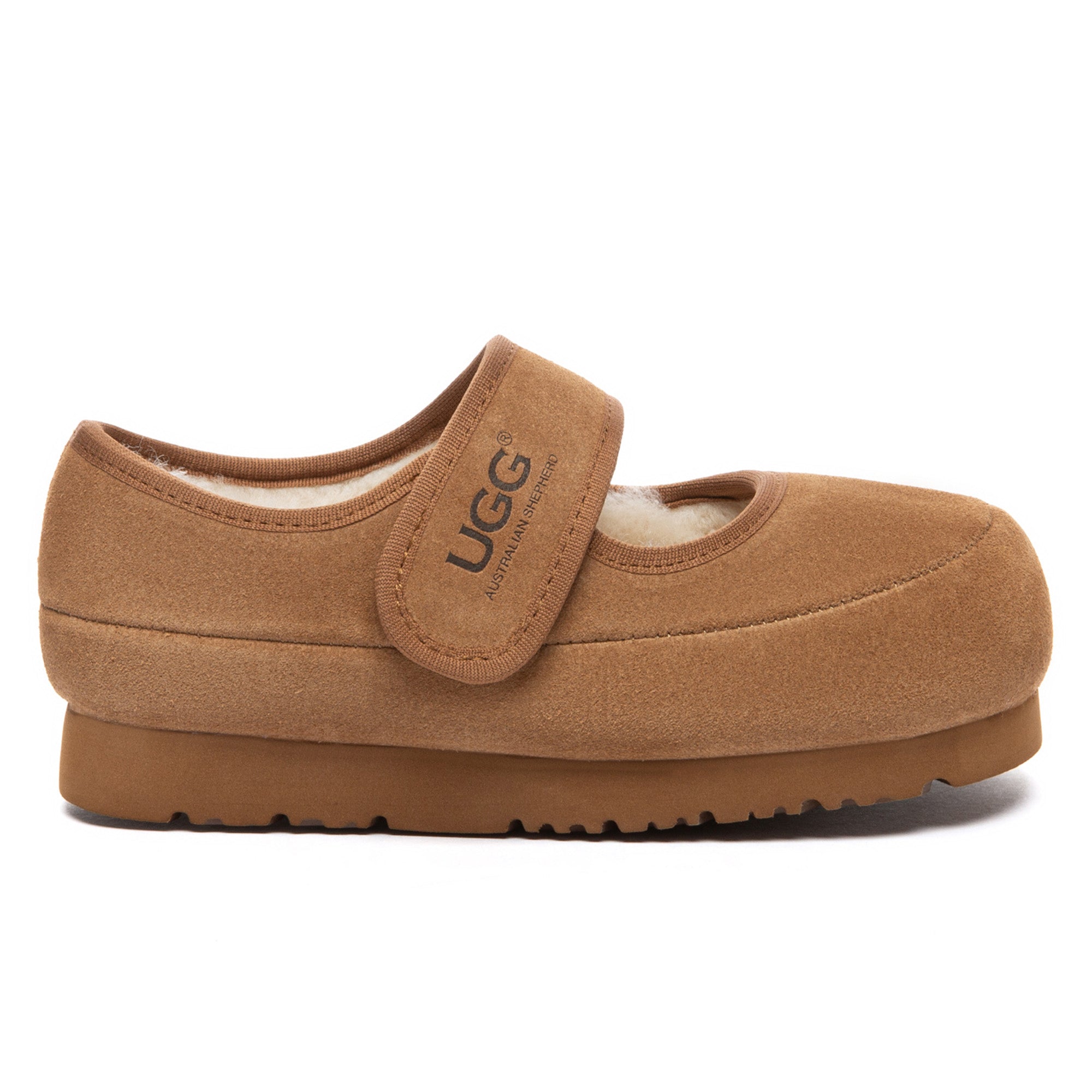 Kids' Millie Mary Jane UGG slippers by EverUgg featuring soft pink fabric and Velcro straps for easy wear and comfort.