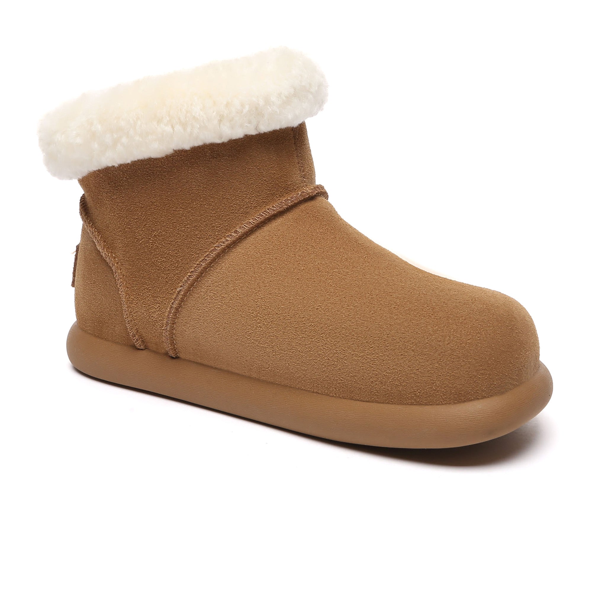 EverUgg Mini Ankle Classic UGG Boots showing beige suede exterior and cozy sheepskin lining.