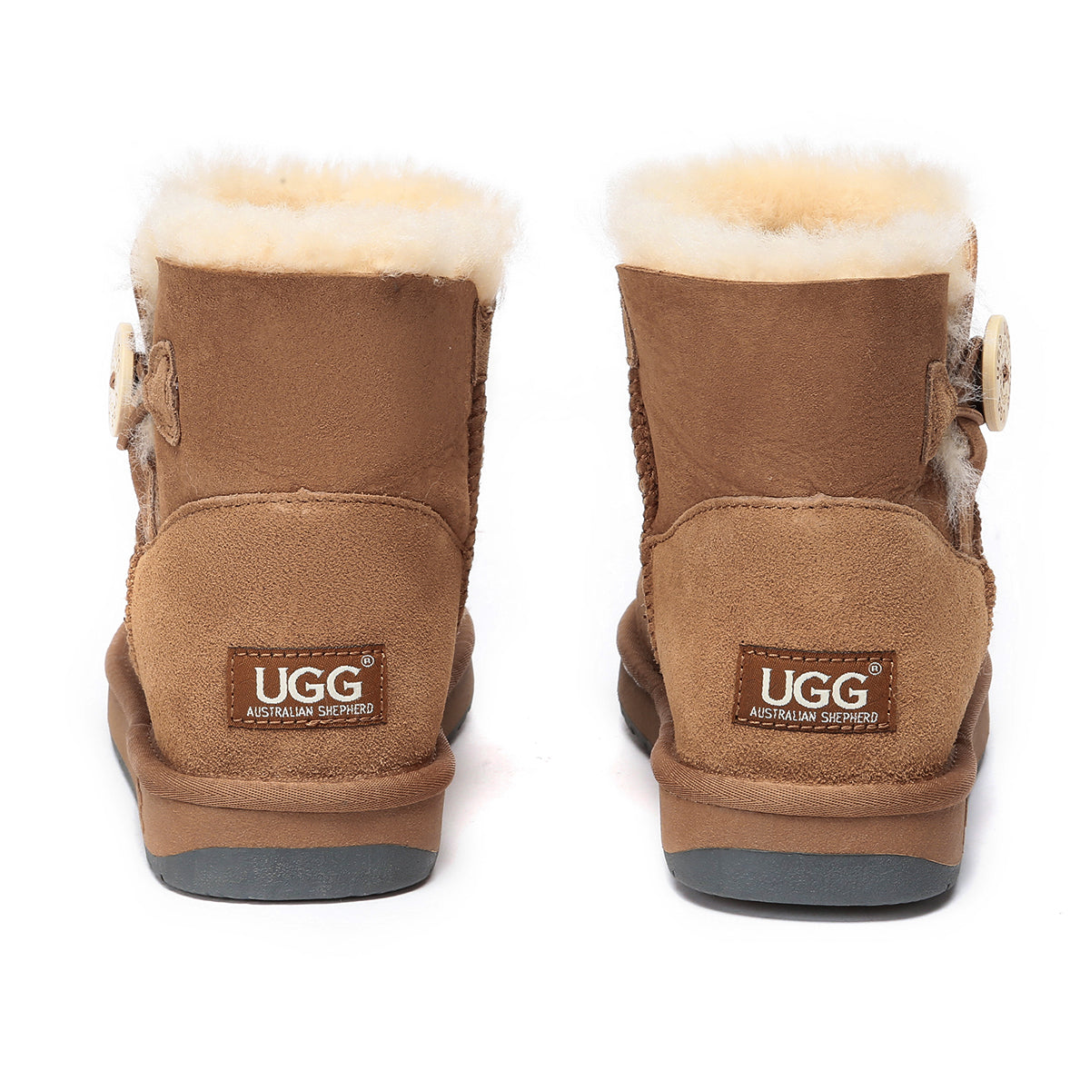 Close-up of EverUgg Mini Button UGG Boots for women, showcasing the classic slip-on style with button accents and cozy sheepskin interior.
