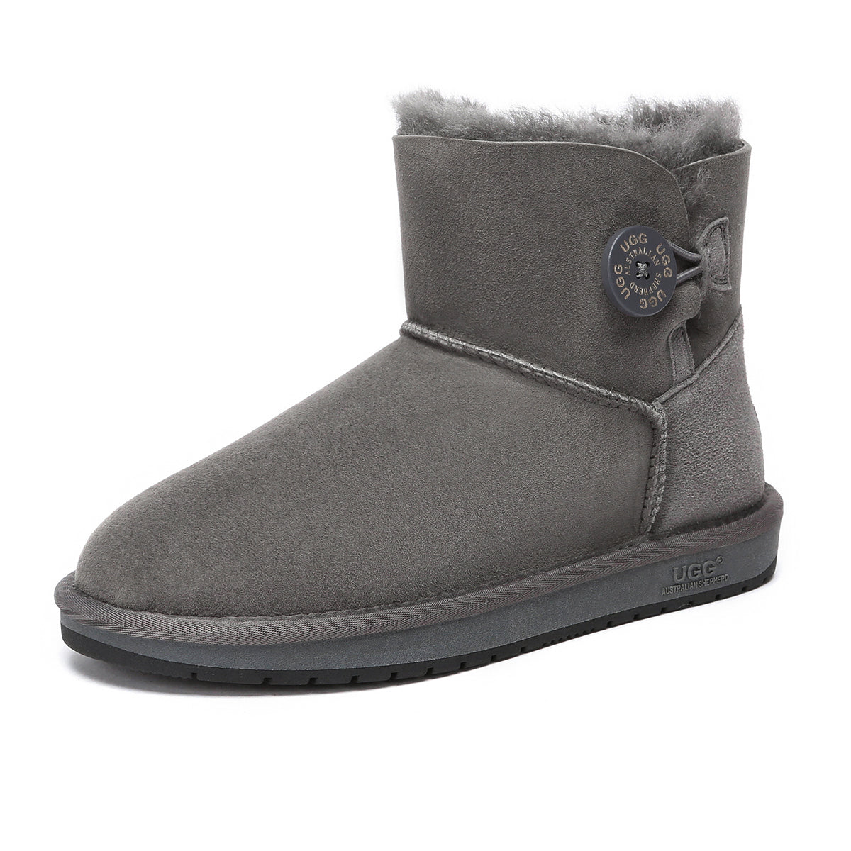 Grey mini button UGG boots for women by EverUgg, featuring classic UGG style with button accents and soft, cozy material.