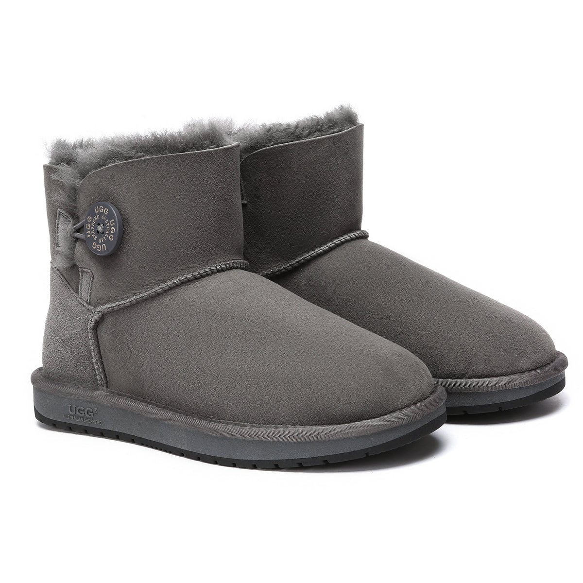 Grey Mini Button UGG Boots for women by EverUgg, featuring classic design with button accents and soft sheepskin material.