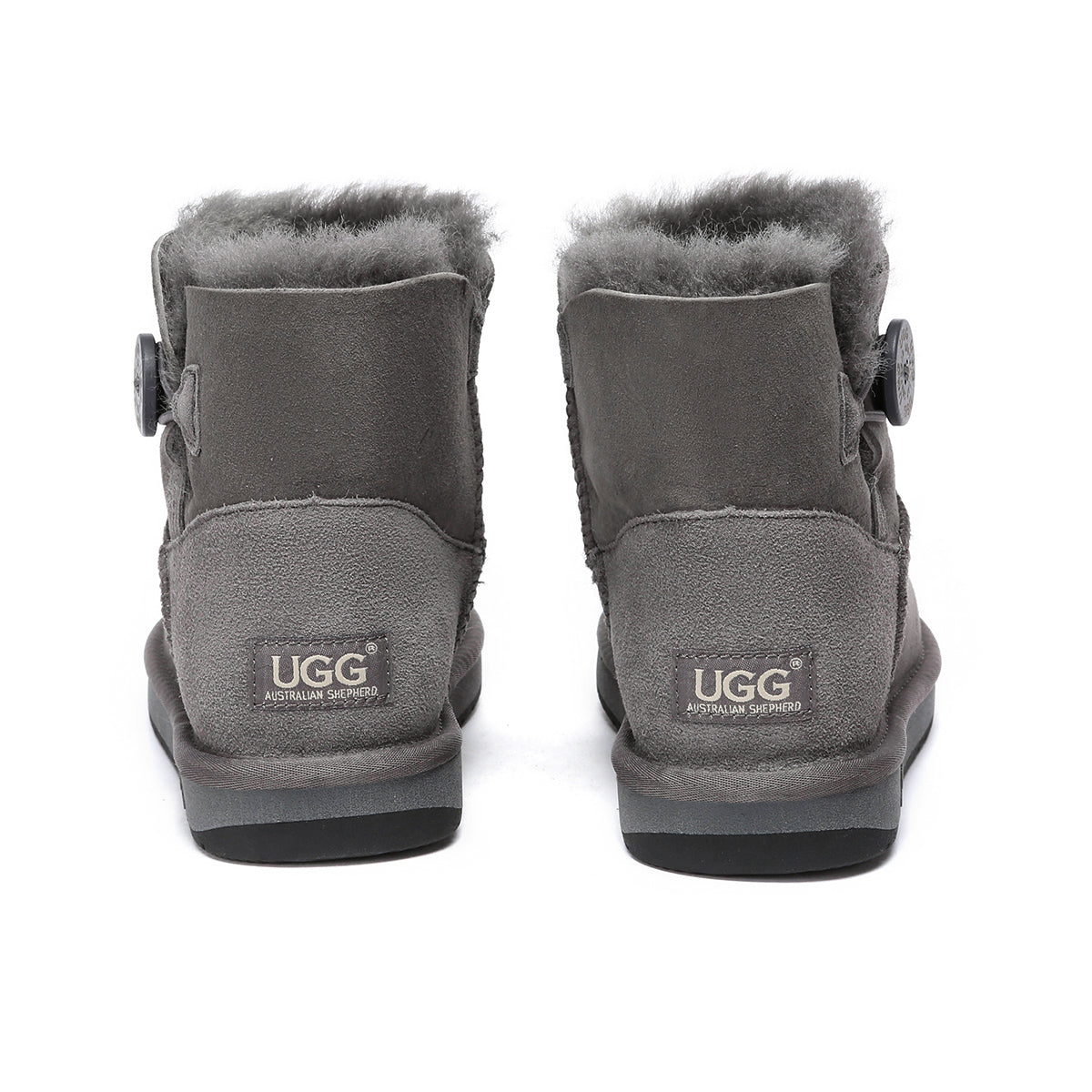 Grey Mini Button UGG Boots for women, classic EverUgg shoes with button details and cozy sheepskin lining.