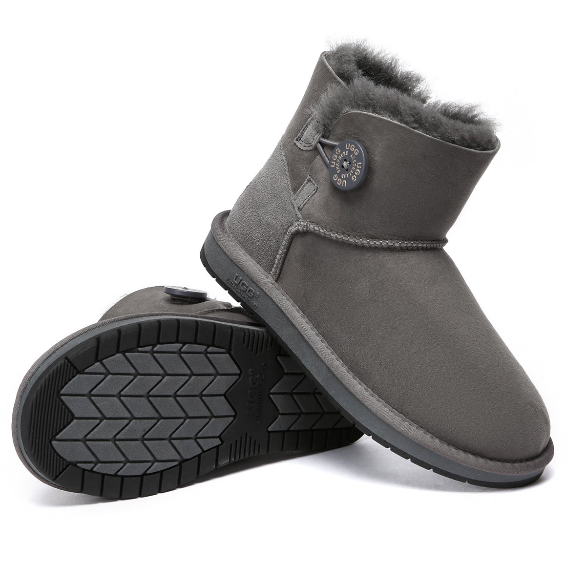 Grey Mini Button UGG Boots for women by EverUgg, showcasing the classic UGG style with button accents and soft wool interior.