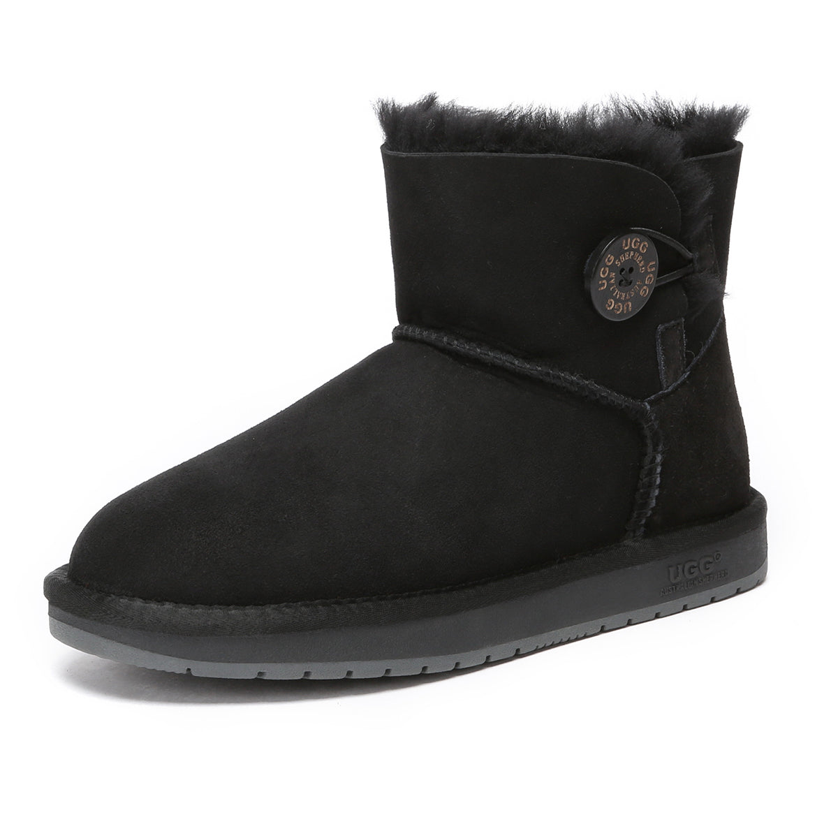 Black mini button UGG boots for women by EverUgg, featuring classic design with button accents and cozy sheepskin lining.