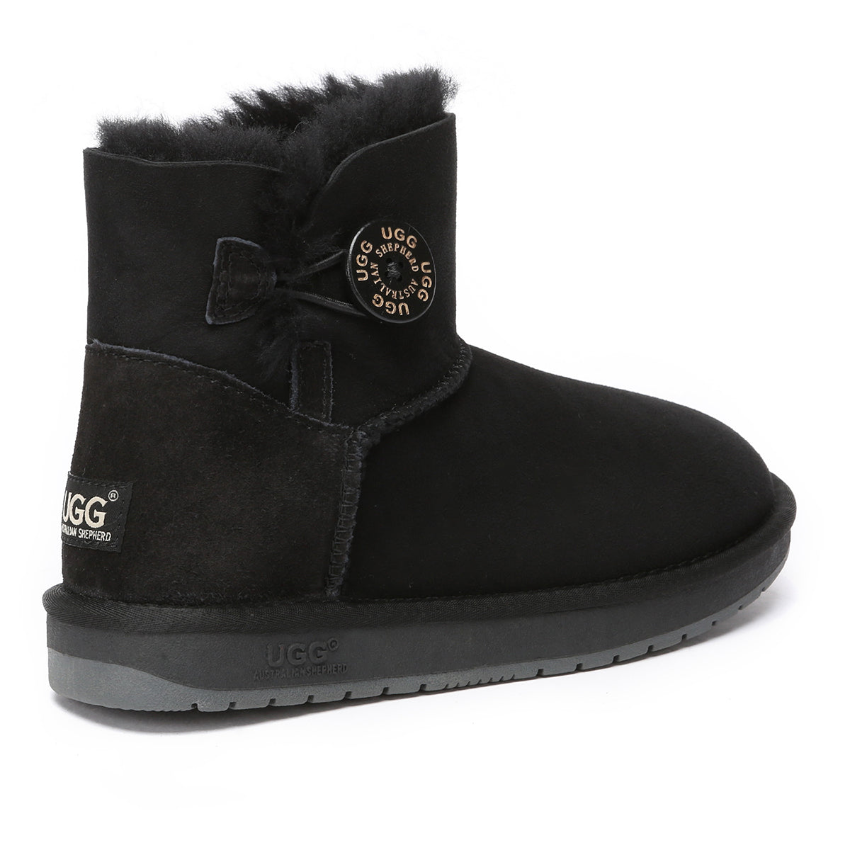 Black Mini Button UGG Boots for women by EverUgg, showcasing classic style with button accents and sheepskin lining.