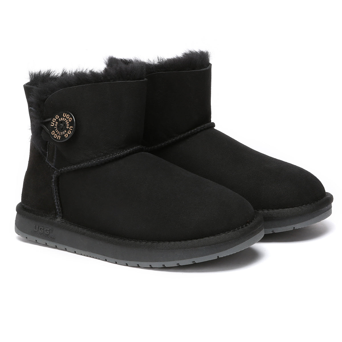 Black Mini Button UGG Boots by EverUgg featuring classic sheepskin lining and a small button detail on the side.