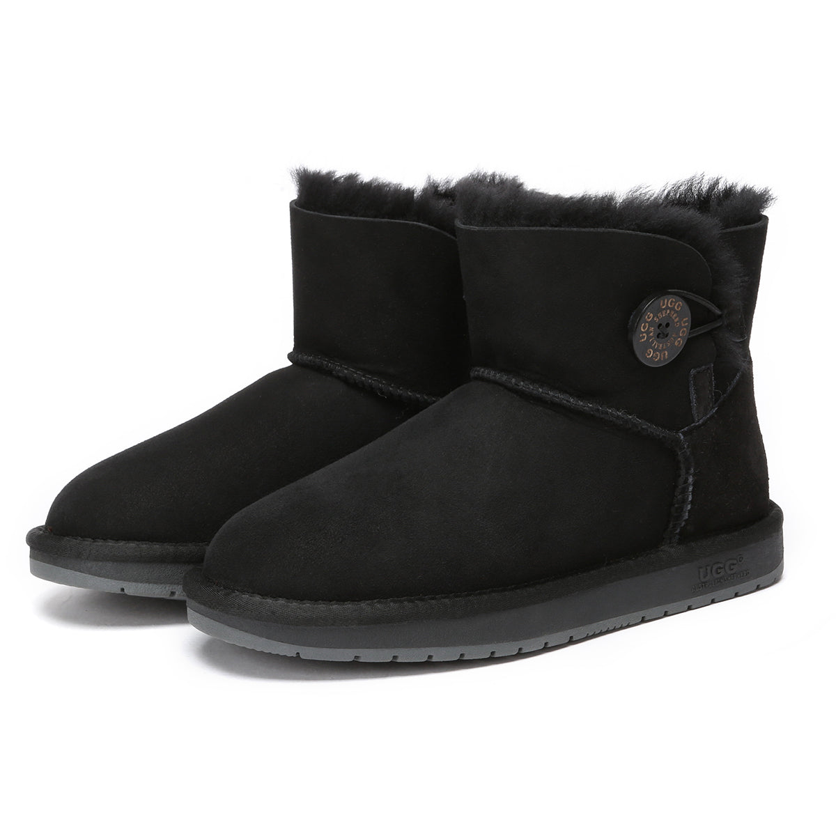 Black Mini Button UGG Boots by EverUgg, women's classic sheepskin shoes with button details and cozy interior.