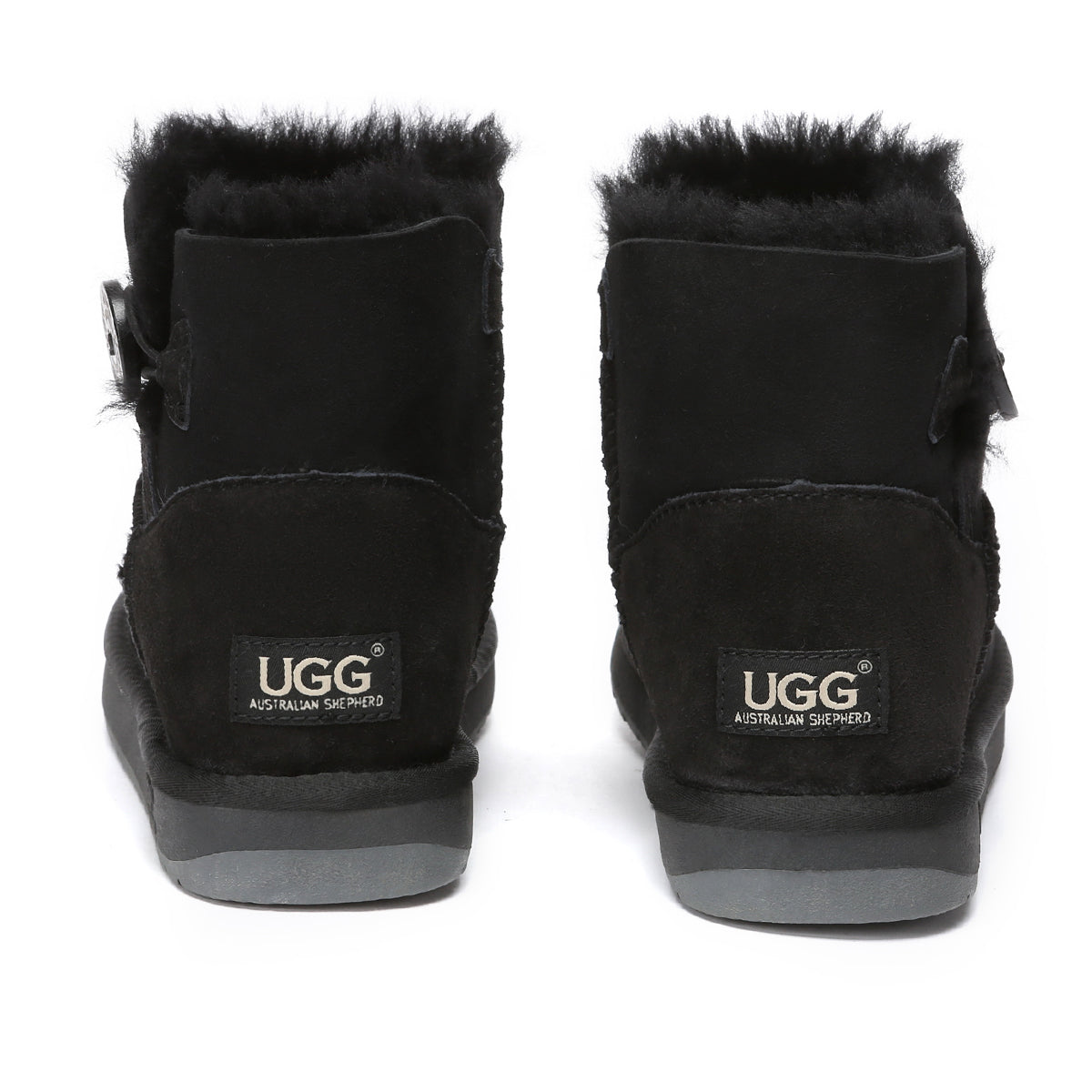 Black Mini Button UGG Boots for women by EverUgg, featuring classic UGG style with button accents and cozy sheepskin lining.