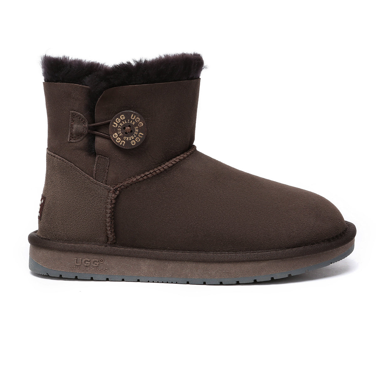 Chocolate Mini Button UGG Boots for women by EverUgg, featuring classic design and button accents, shown on a neutral background.