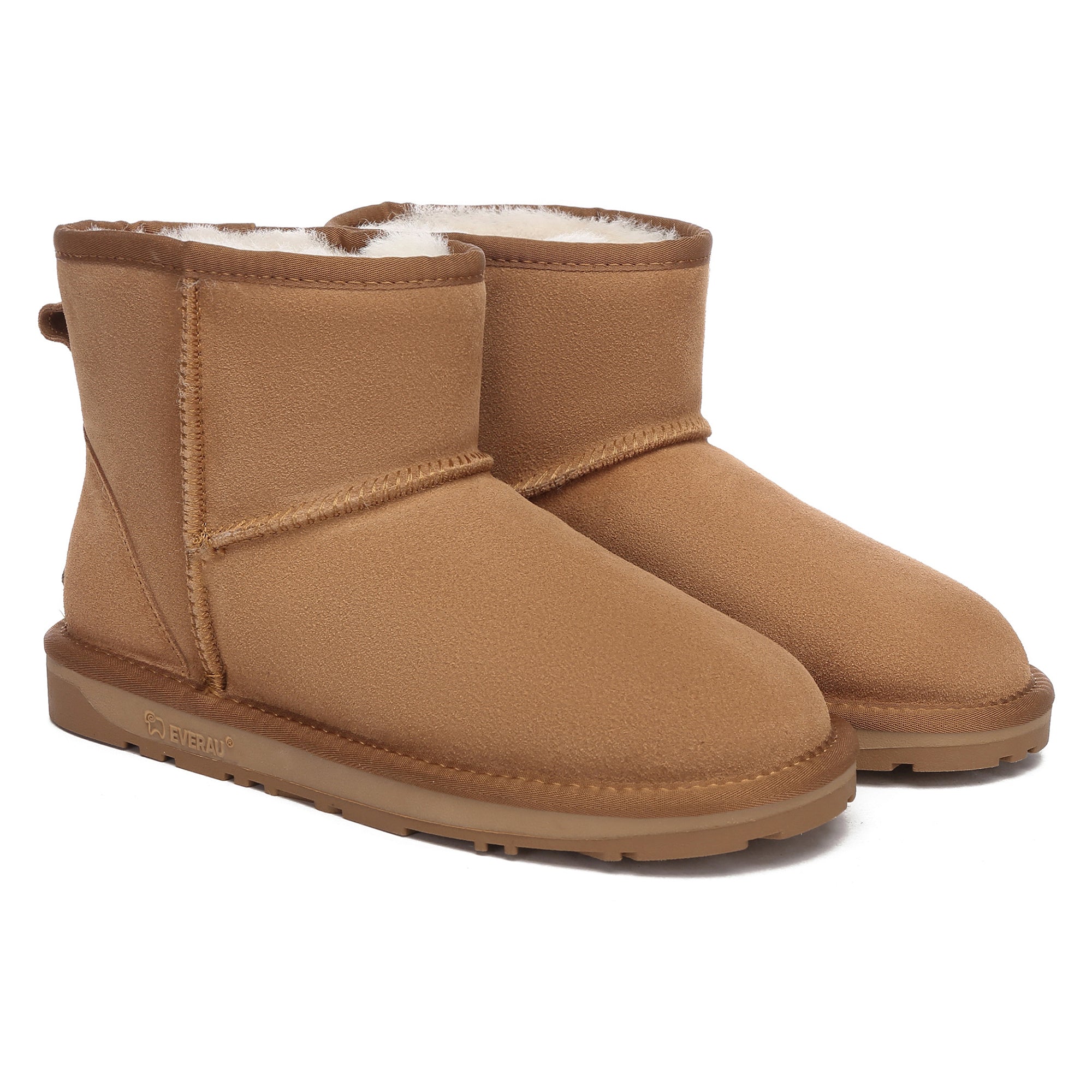 Mini classic UGG boots by EverUgg in chestnut color, featuring soft sheepskin lining and suede exterior.
