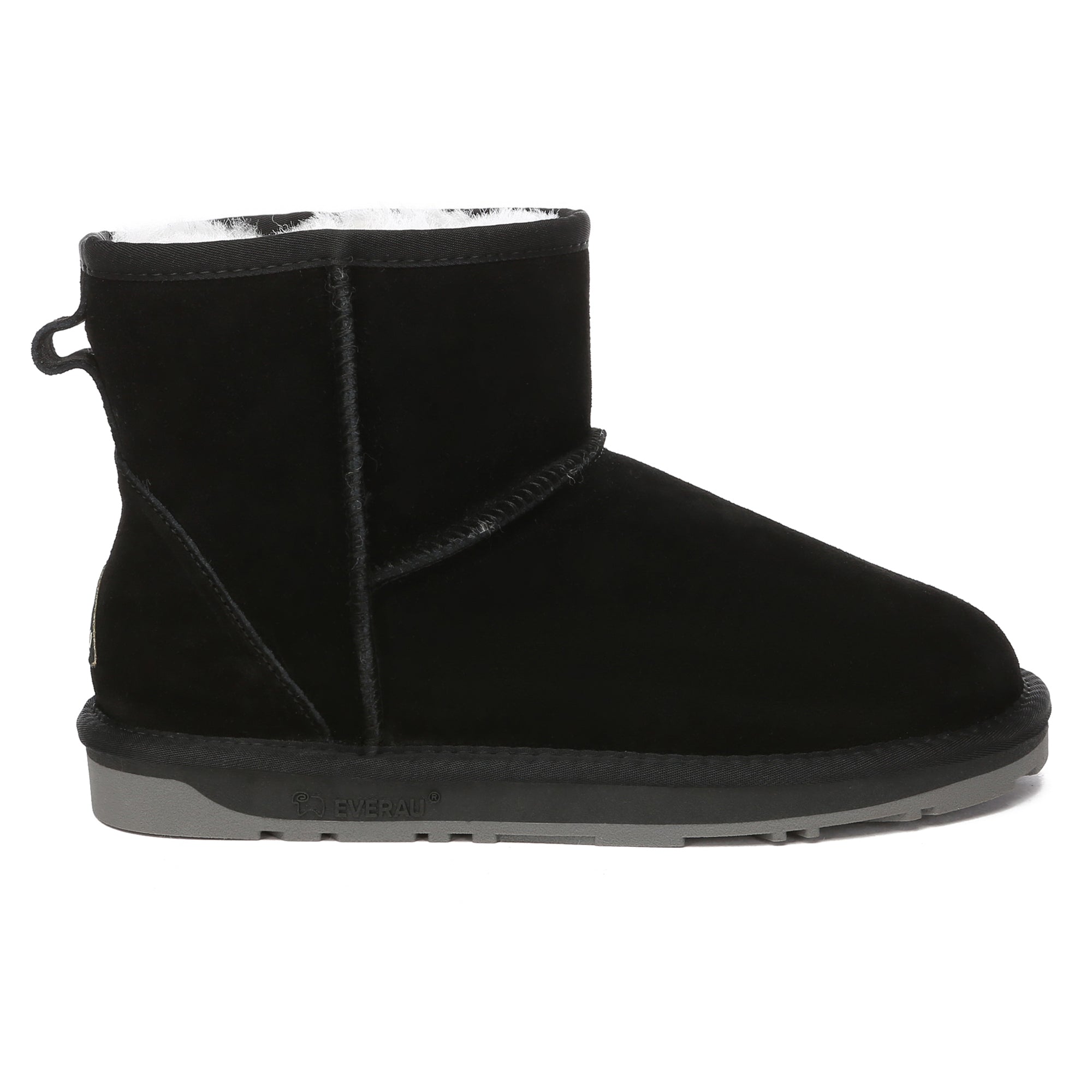 Black Mini Classic UGG Boots by EverUgg with soft sheepskin lining and rugged rubber soles, perfect for cozy winter wear.