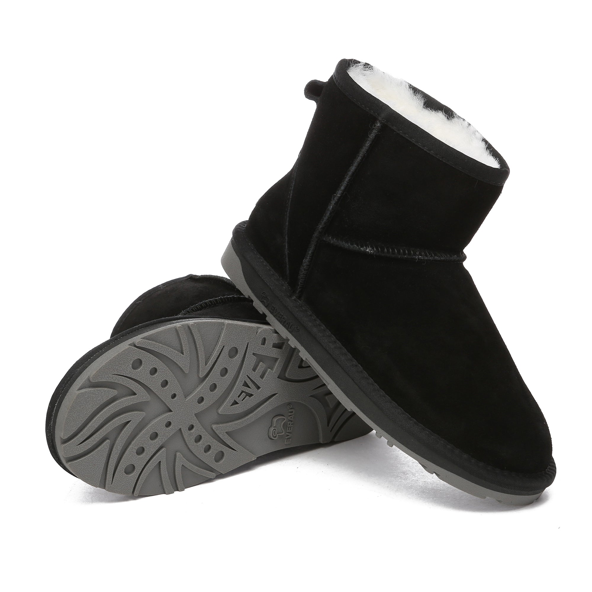 Black Mini Classic UGG Boots by EverUgg with plush sheepskin lining and durable rubber soles, perfect for cozy winter wear.