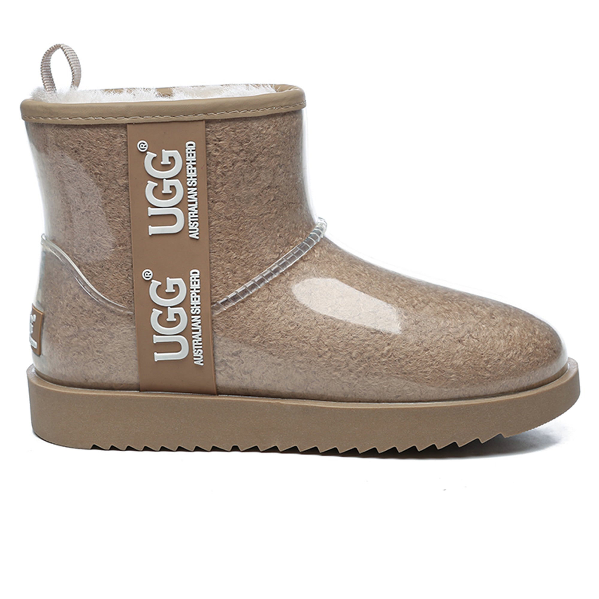 Clear waterproof UGG boots by EverUgg featuring a mini design with transparent material and waterproof soles.