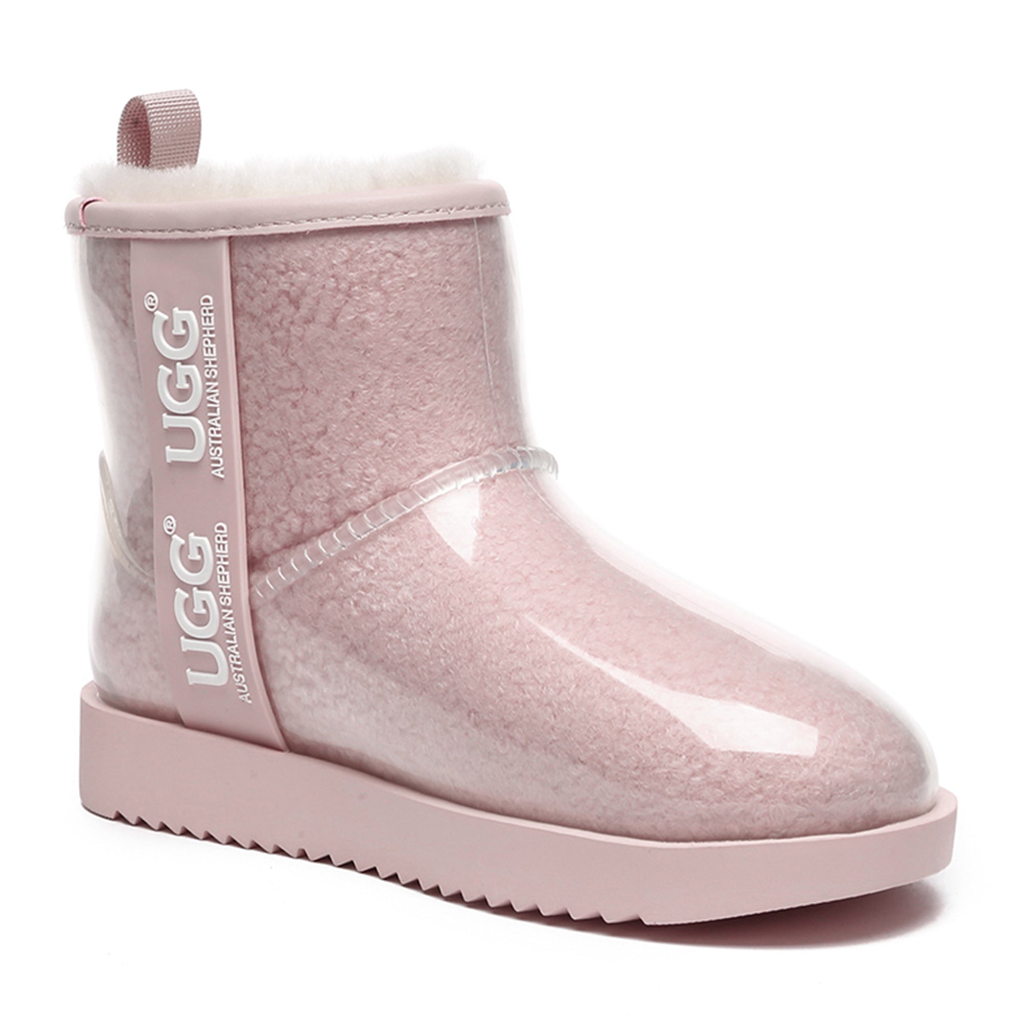 Mini clear waterproof UGG boots by EverUgg featuring transparent waterproof material and classic UGG style.