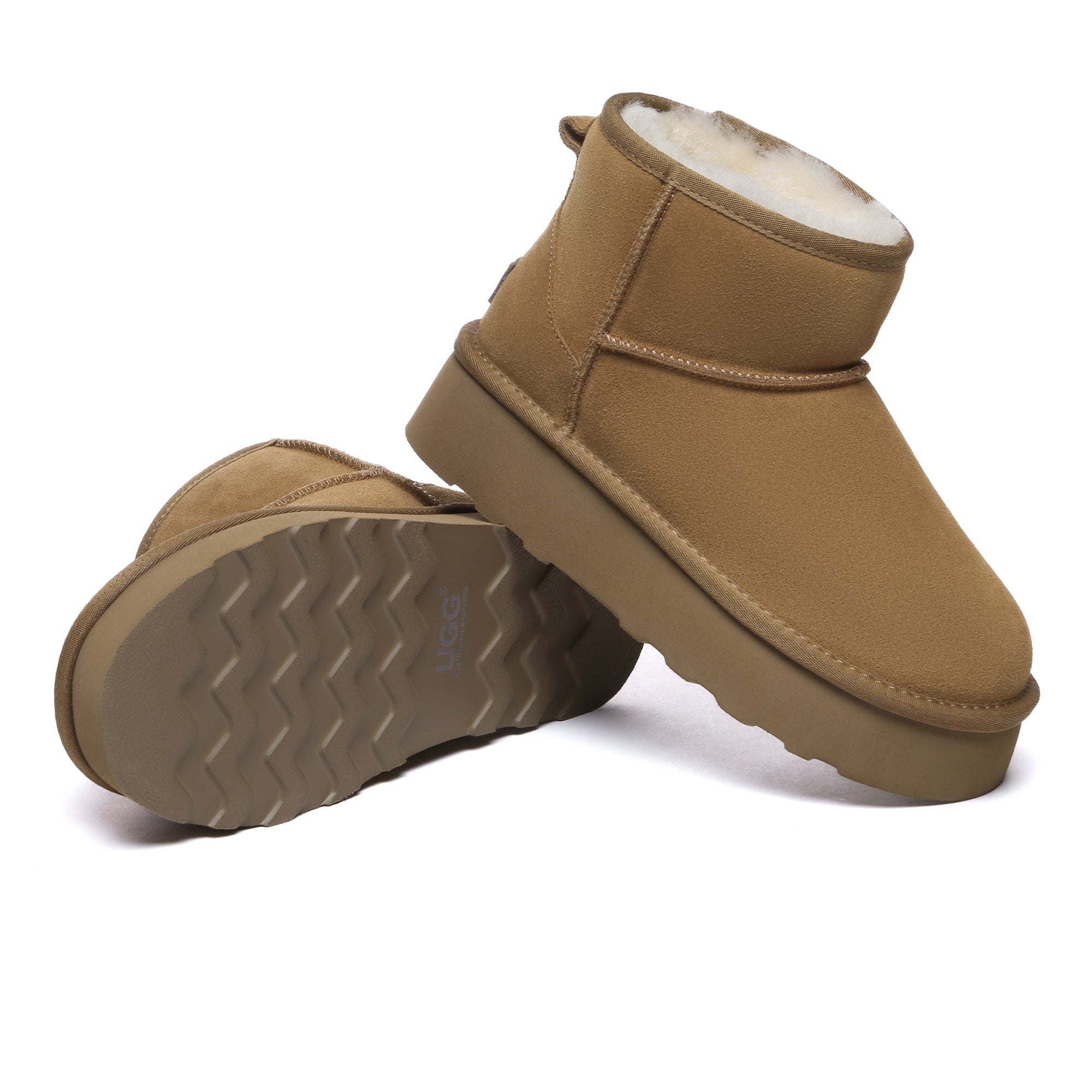 EverUgg Mini Premium UGG platform boots in tan leather with chunky sole and ankle height, stylish and comfortable shoes.
